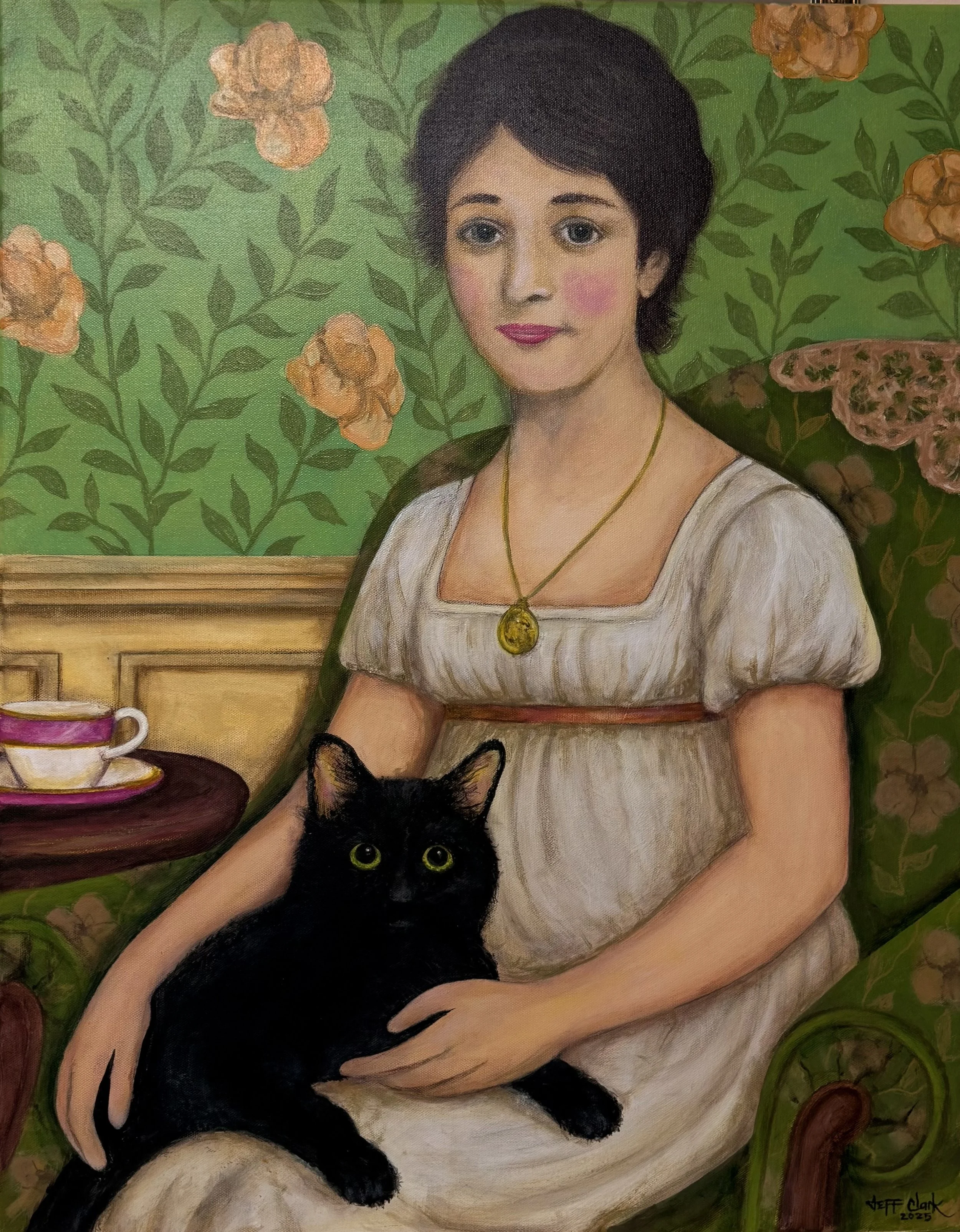This Jane Austen painting was inspired by the Rice Family painting that was painted when Jane Austen was 13 years old.  Our artist painted a liking of what Jane may have looked like at 20 years old when she was writing Pride and Prejudice.