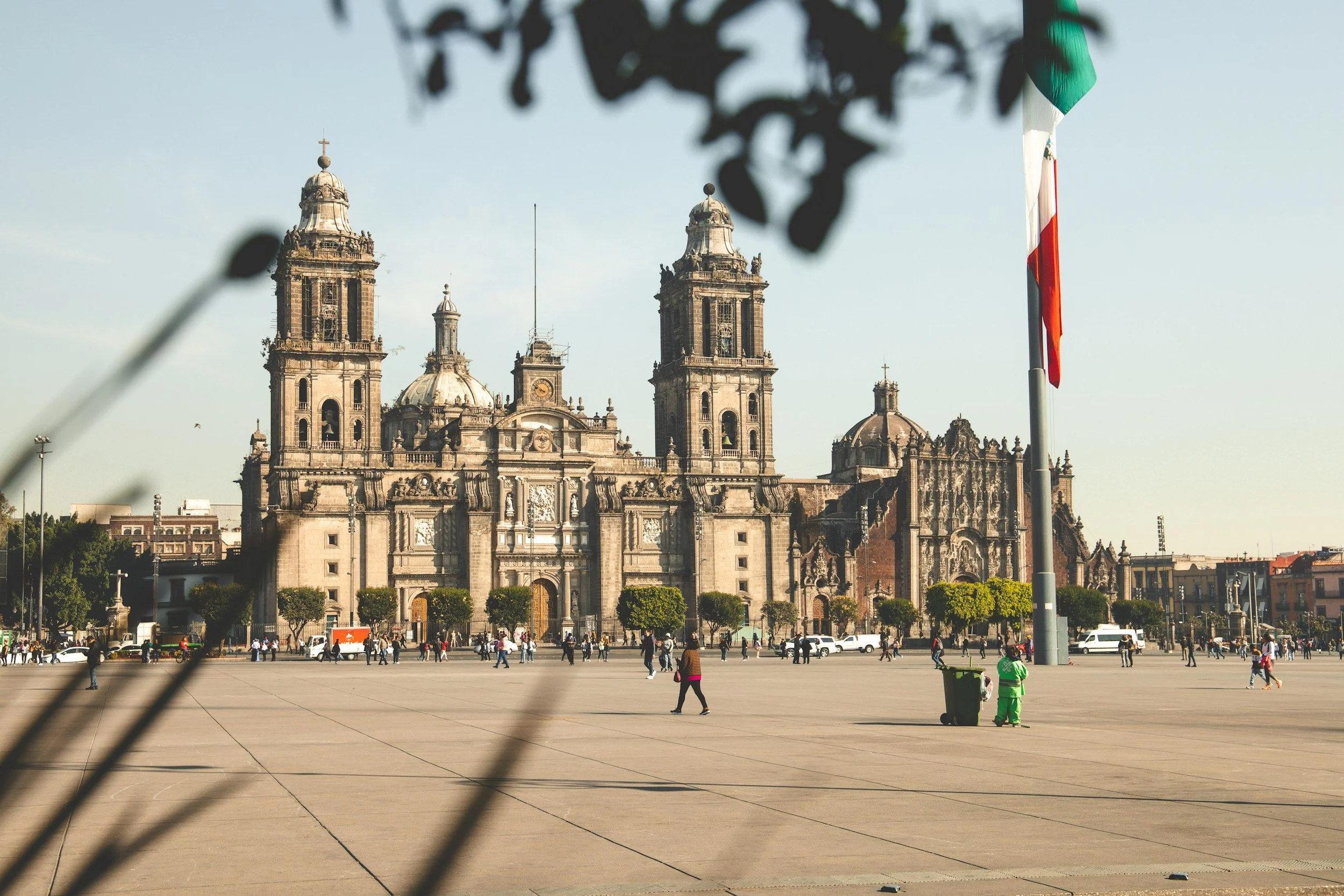A large historic cathedral with two bell towers and ornate architecture, viewed through some out-of-focus leaves in the foreground. The cathedral has a flagpole with the Mexican flag to the right.