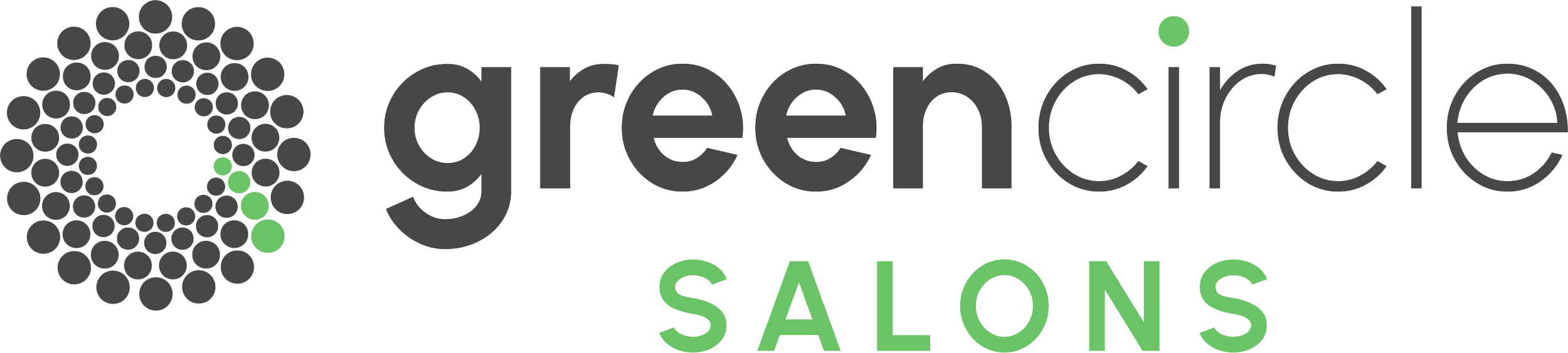 Logo for greencircle salons with a circular design made of small gray and green dots and the words "greencircle salons" with "salons" in green.