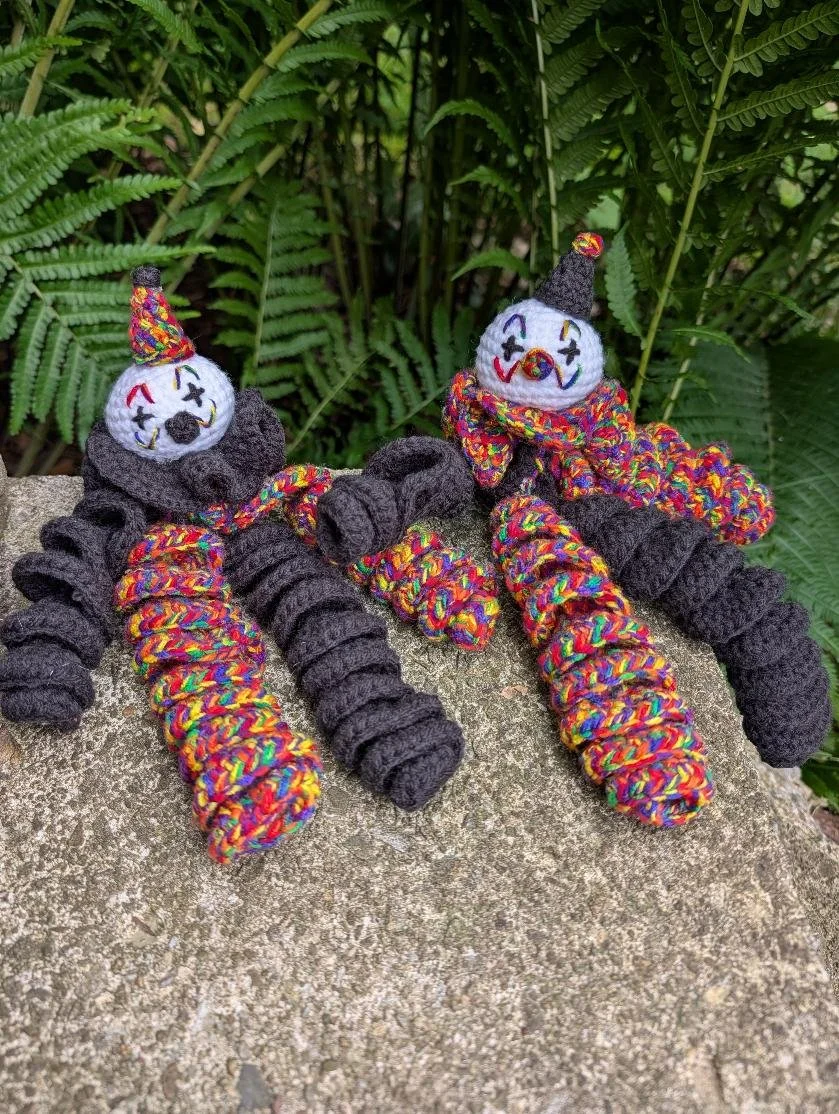 Rainbow and black Spiral Clowns made with a pattern from Foggy designs. 