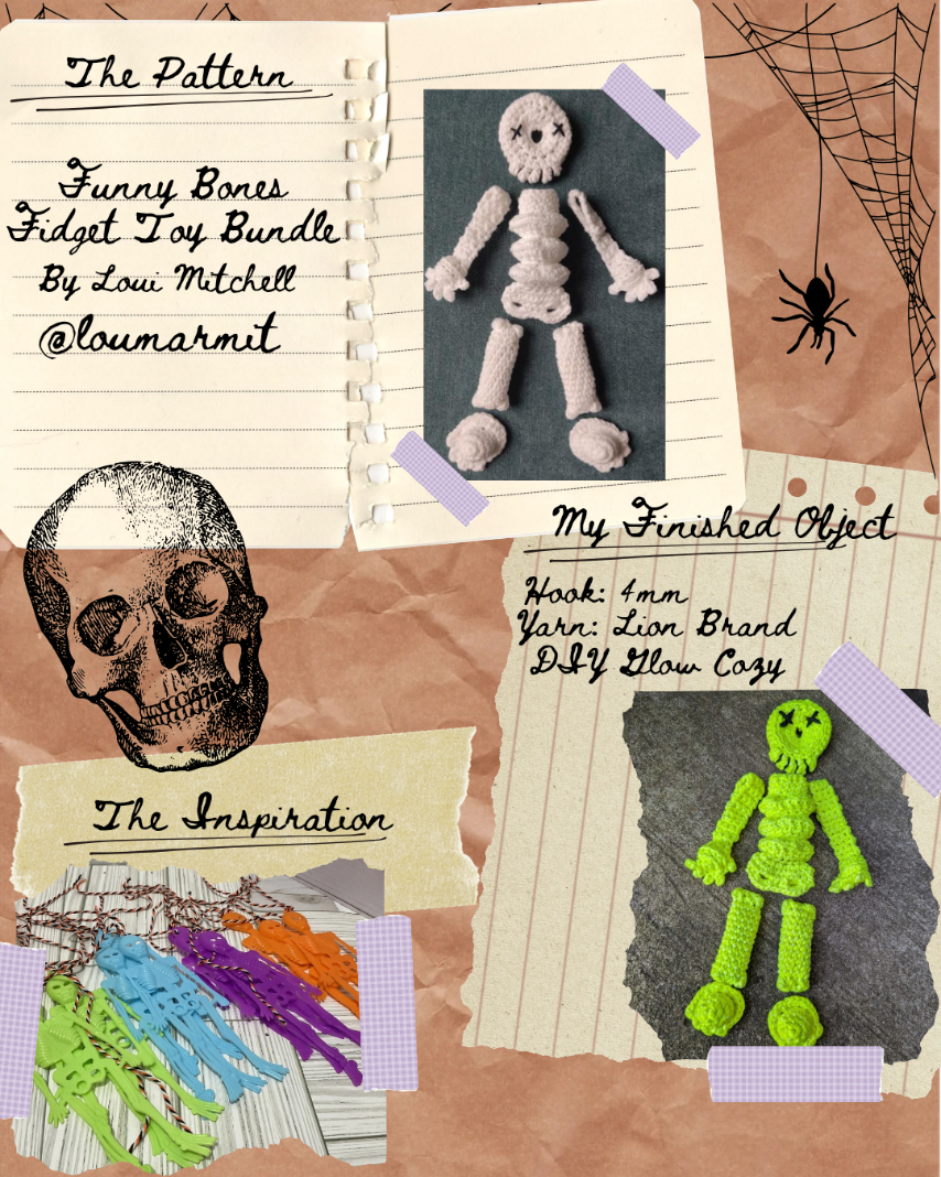 Funny Bones Fidget Bundle Pattern by loumarmit. 
This full skeleton set includes 8 fidgets. 
One Dizzy Skull marble pusher, 2 snapping shins, one spring spine, two silly hands, and two feet dimples. Made for the pattern test with glow-in-the-dark neo