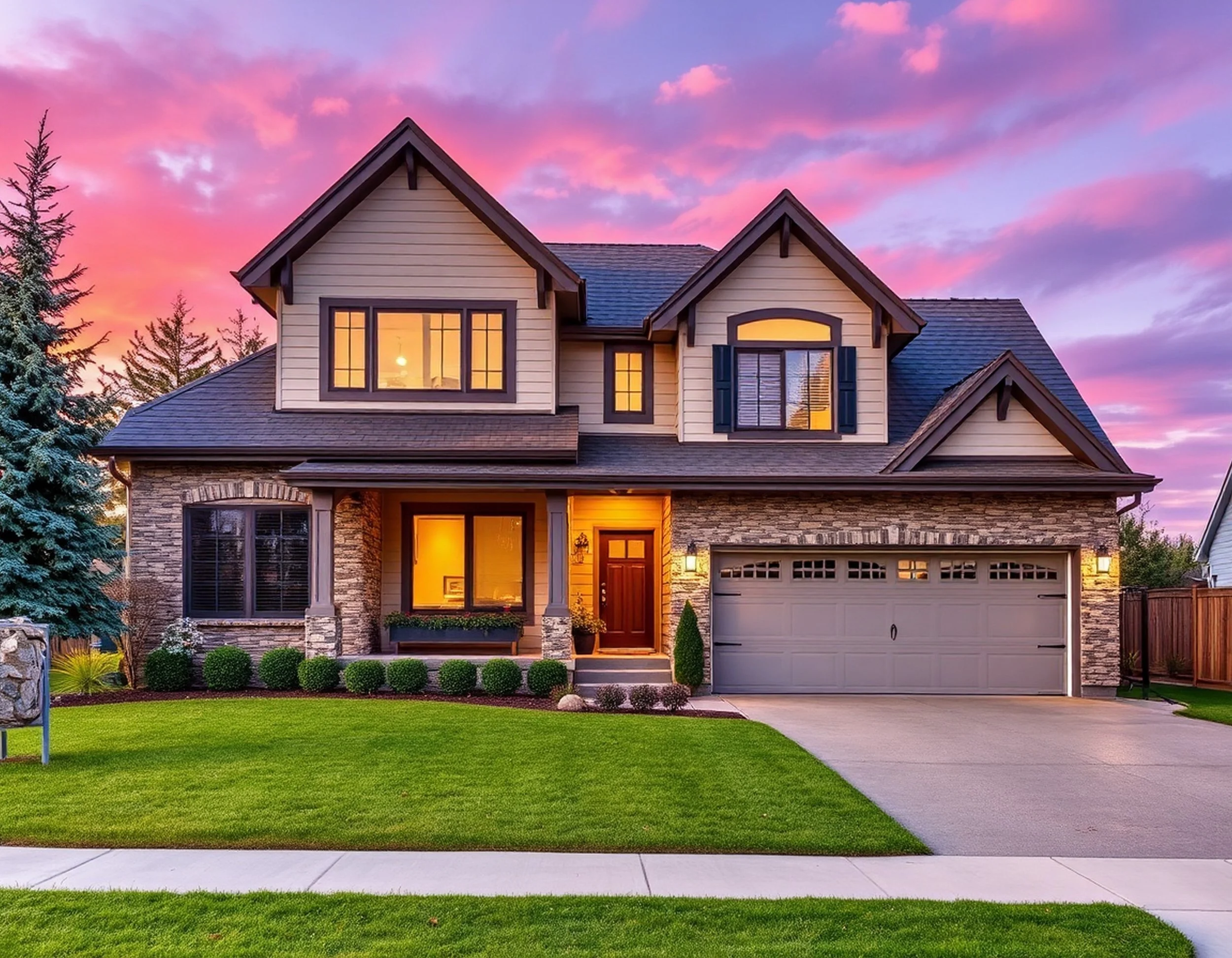 A two-story house with a stone and siding exterior, a gray garage door, and illuminated windows at sunset. The front yard features a well-maintained green lawn, shrubs, and a sidewalk.