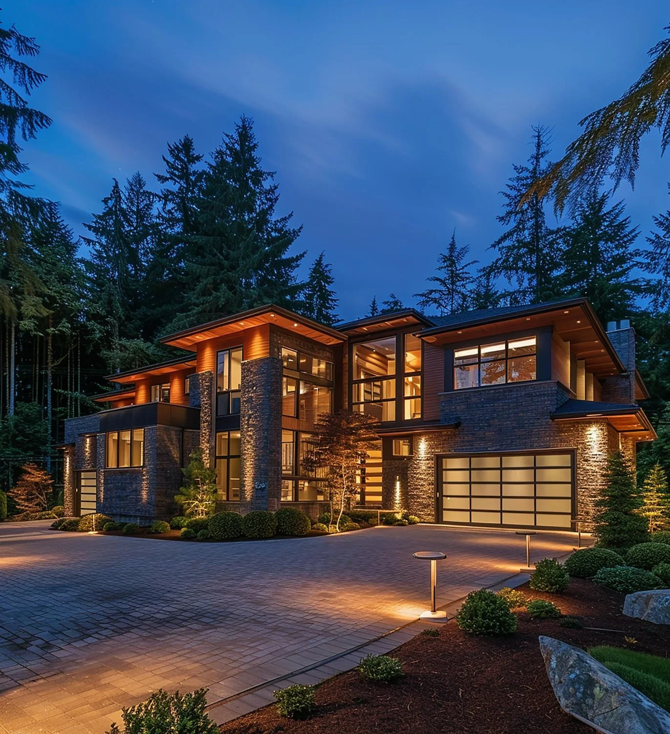 Modern house with large windows and brick exterior, illuminated at night, surrounded by trees and landscaped yard.