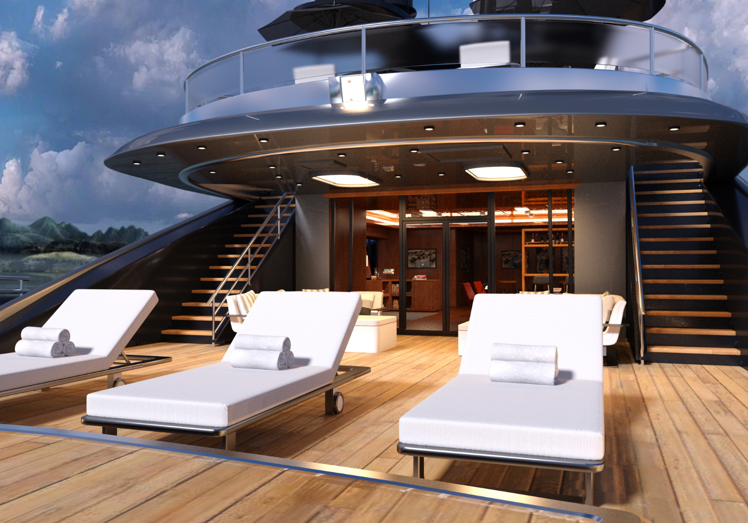Luxury yacht exterior with deck chairs, towels, and an indoor lounge visible through glass doors, set against a partly cloudy sky and mountainous landscape