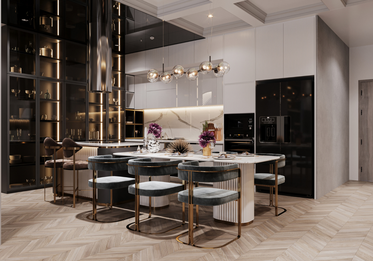 Modern kitchen with a white marble island, black cabinetry, and glass shelving, decorated with flowers and geometric decor, illuminated by pendant lights.