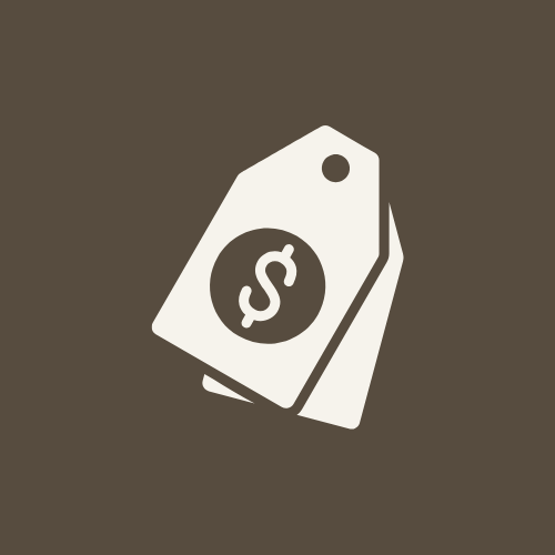 Icon of a price tag with a dollar sign, on a brown background.