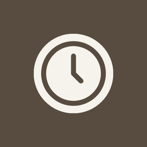 A simple clock icon with a brown background, showing the time as 3:00.