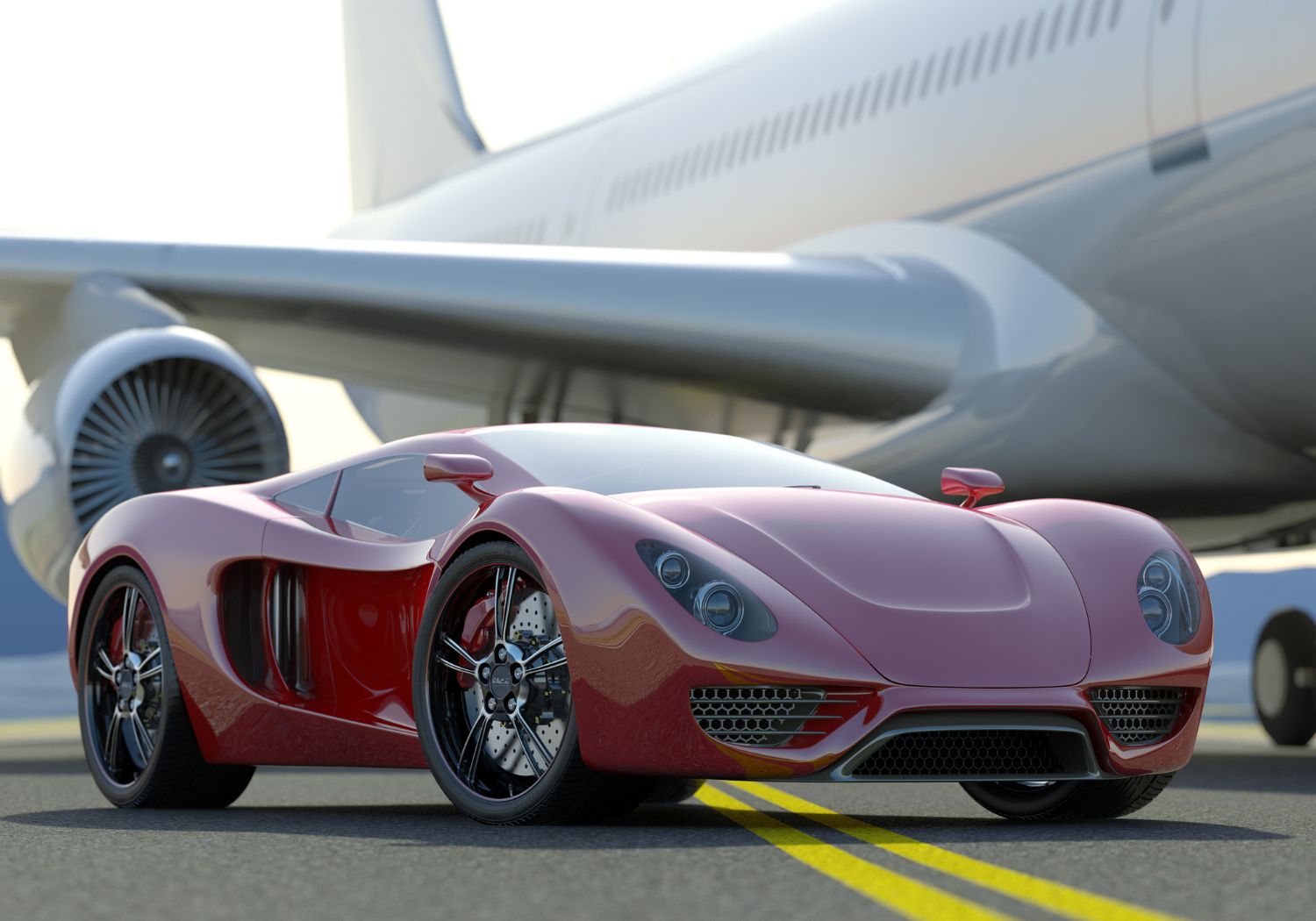 Red sports car on airport tarmac in front of a large private jet plane.