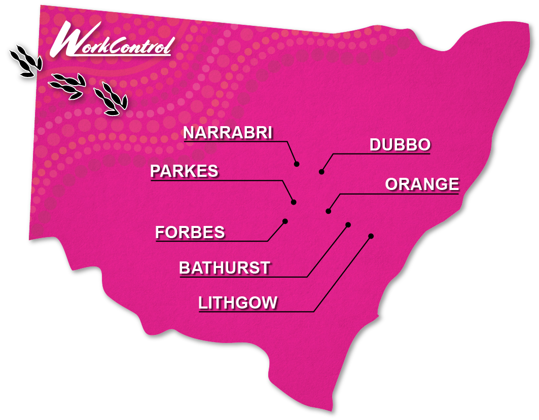 Pink map of Tasmania with black and white text indicating cities: Narrabri, Dubbo, Orange, Parkes, Forbes, Bathurst, Lithgow, and Work Control logo on top left.