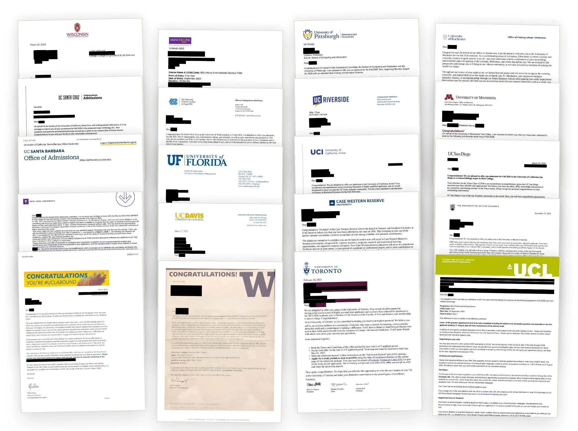 Sample university admission letters received by Full-Time Solomon International School graduates
