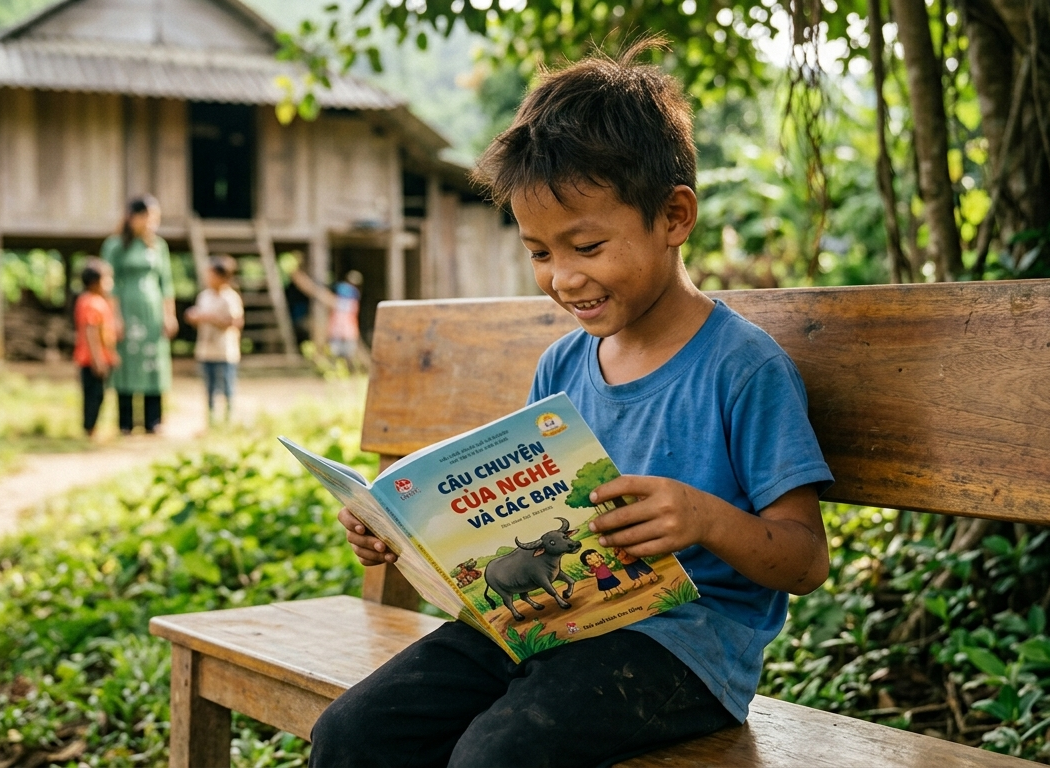 Vietnamese child reading a donated book