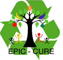 A stylized tree with various fruits and vegetables hanging from its branches, surrounded by four animated human figures in different colors, and the words 'EPIC - CURE' at the bottom.
