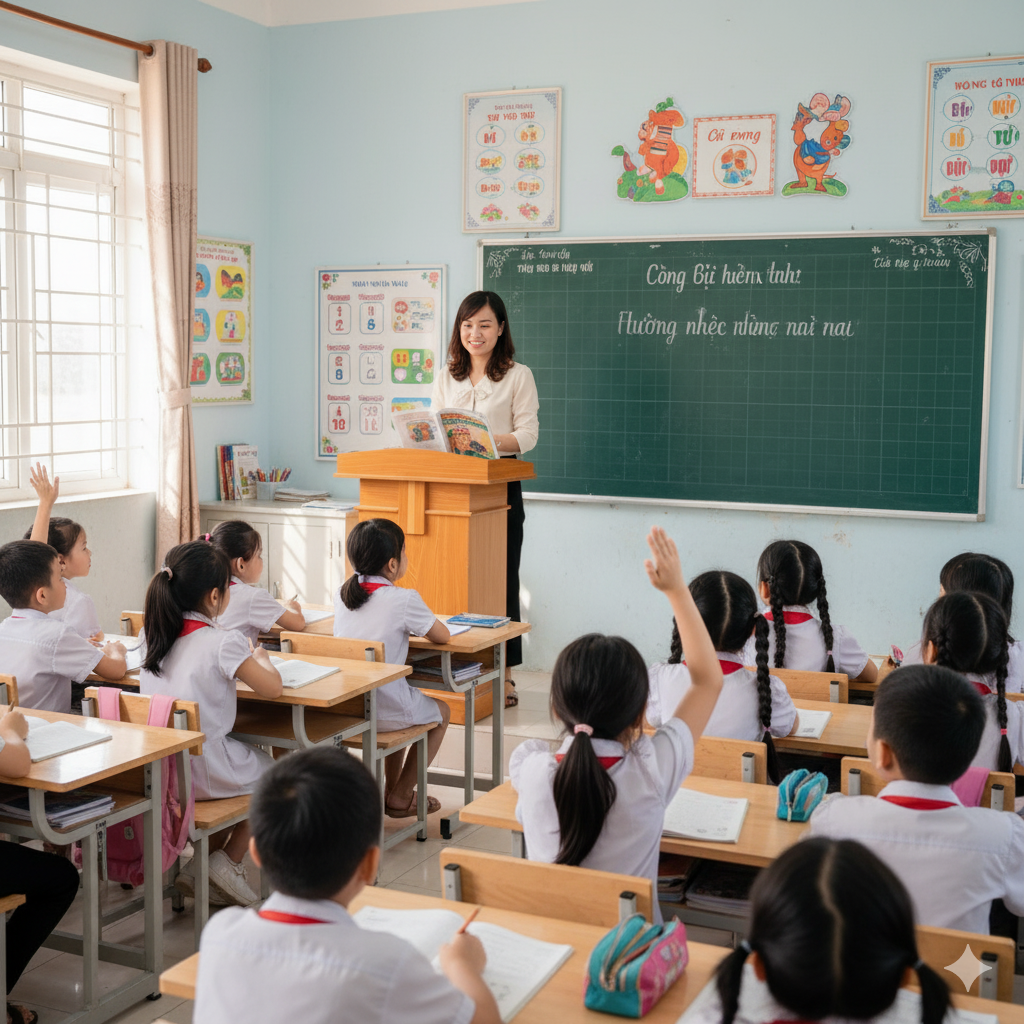 Volunteered teacher teaching at a Vietnamese elementary school