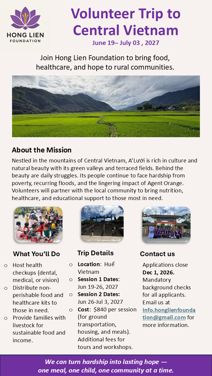 Flyer for a volunteer trip to Central Vietnam organized by the Hong Lien Foundation, scheduled from June 19 to July 3, 2027. The flyer features a landscape of green rice fields with mountains under a cloudy sky. It describes the mission to bring food, healthcare, and hope to rural communities, and includes details on activities, dates, costs, and contact information.