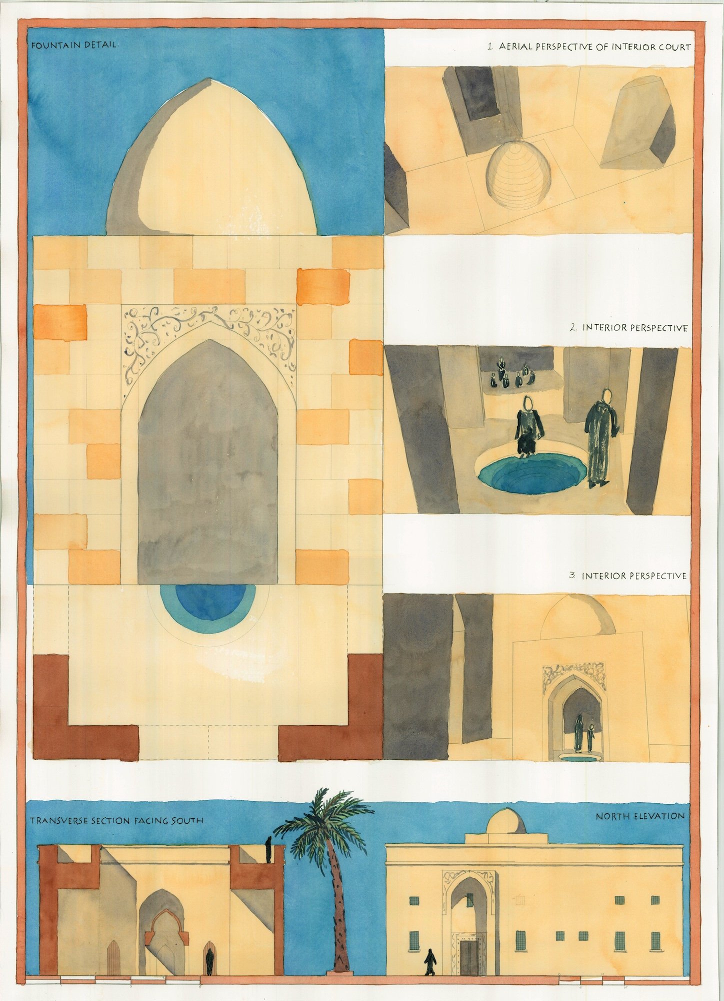 Hand drafted and water color rendered section, elevation, details, and perspective of a Madrassa for a design studio at Notre Dame