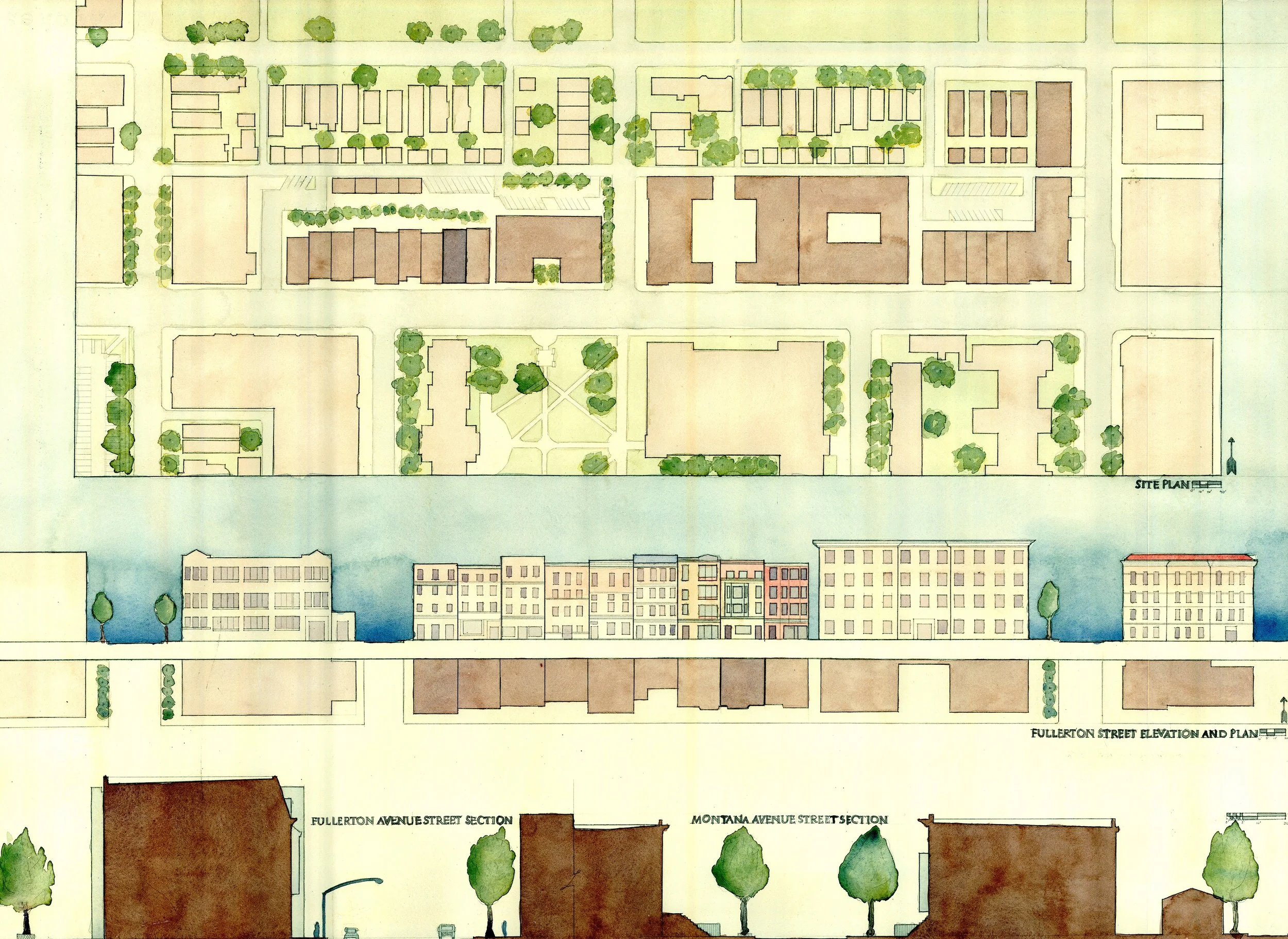 A detailed architectural site plan with building layouts, streets, and green spaces, including labeled street sections and elevation views in Lincoln Park, Chicago.
