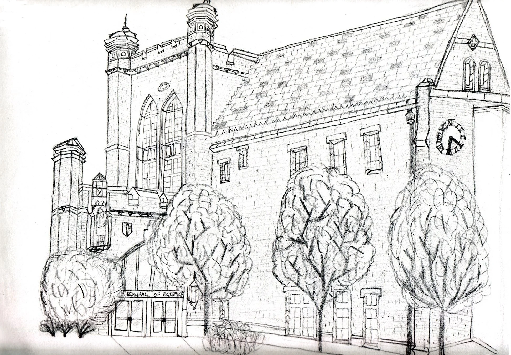 Black and white sketch of the Notre Dame Jordan Hall of Science
