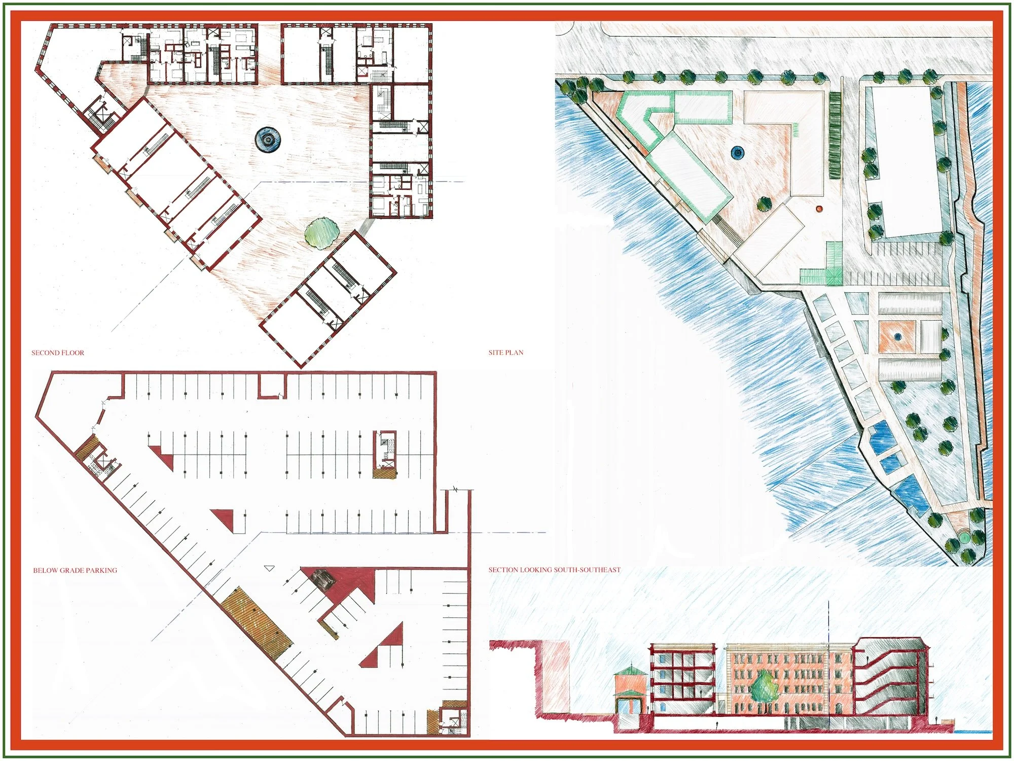 AutoCAD drafted and color pencil rendering of The Wharf urban housing development along Colfax Avenue at the St. Joseph River in South Bend, Indiana for a studio design project at Notre Dame.