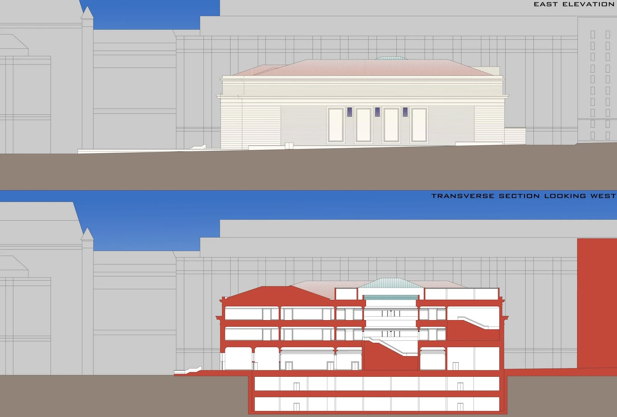 Washington, DC side elevation and section for a proposed museum for design studio at Notre Dame. Drafted using AutoCAD and rendered using Photoshop.