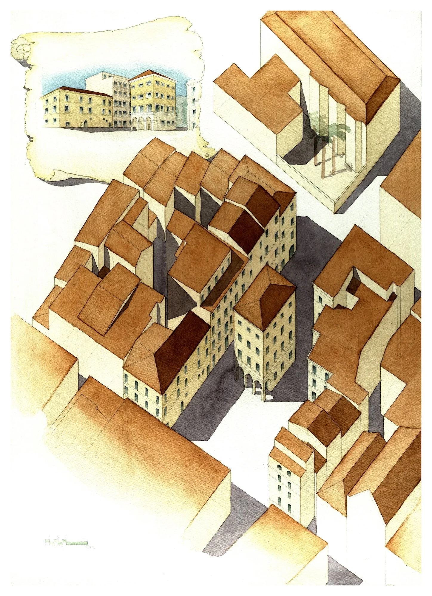 Hand drafted and watercolor rendered perspective for proposed infill building in Trastevere during my year studying abroad in Rome.