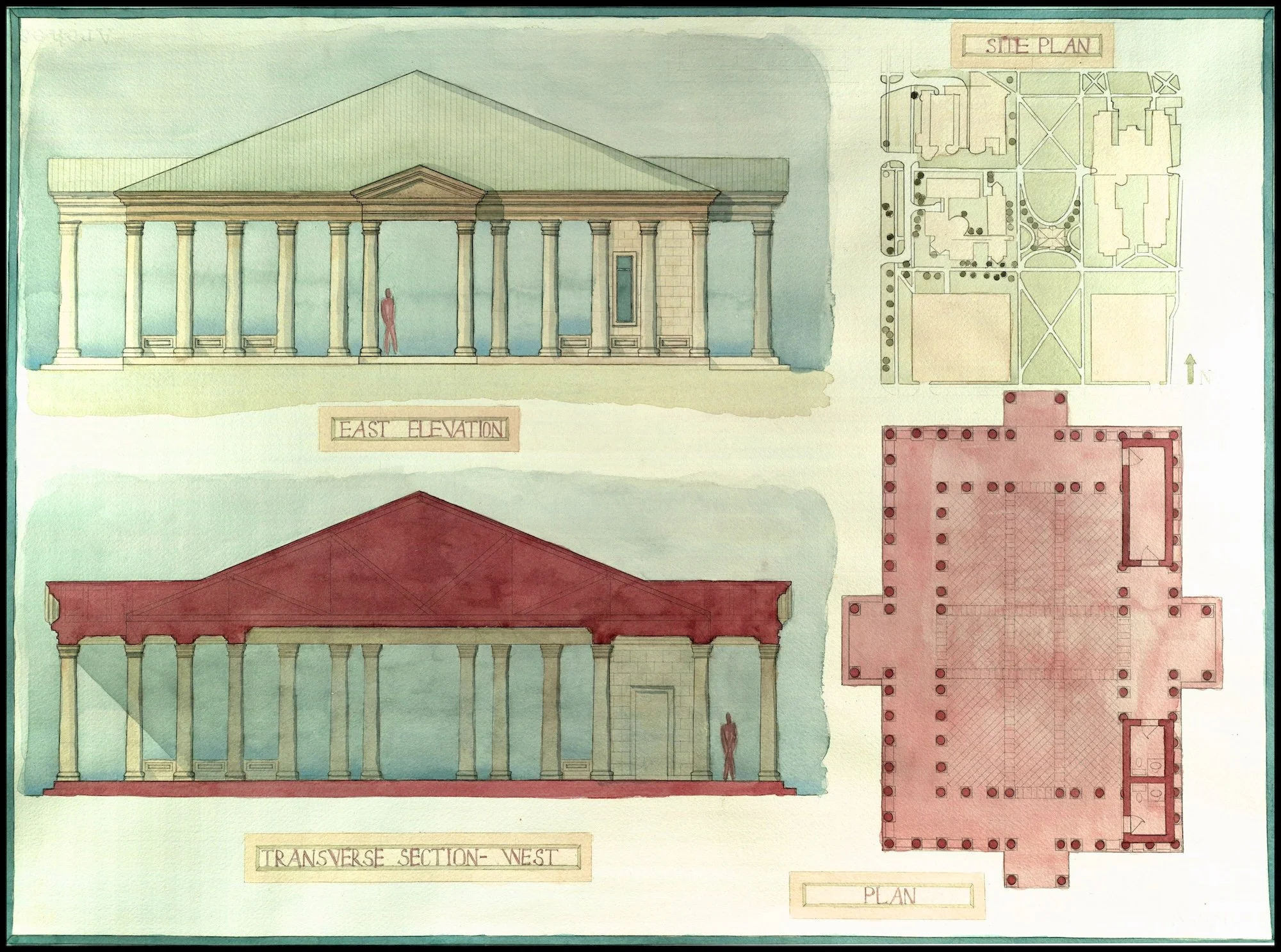 Elevation, section, and plans for an architecture school design project of a Tuscan Pavilion at Notre Dame