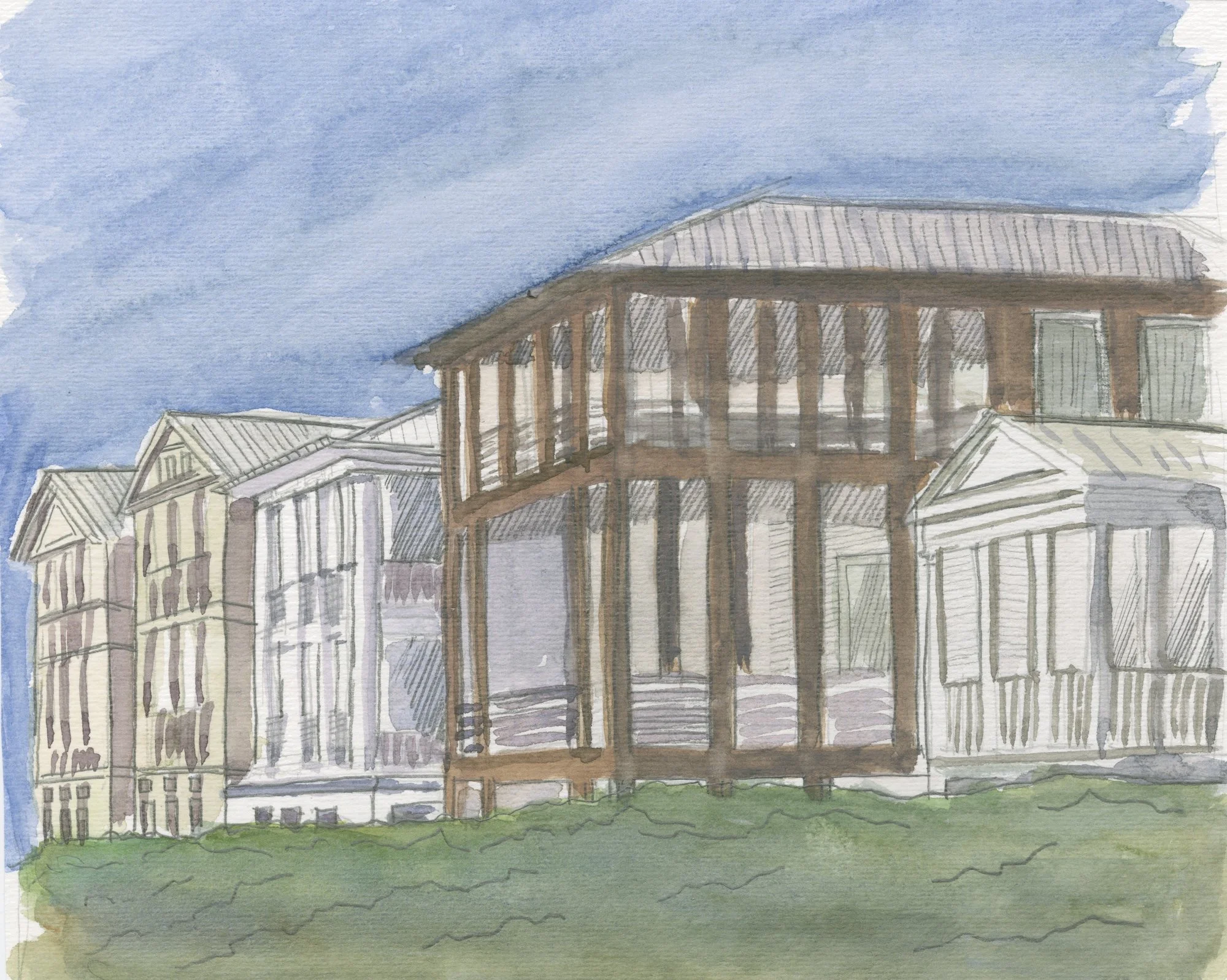 Watercolored drawings of houses in Seaside, Florida