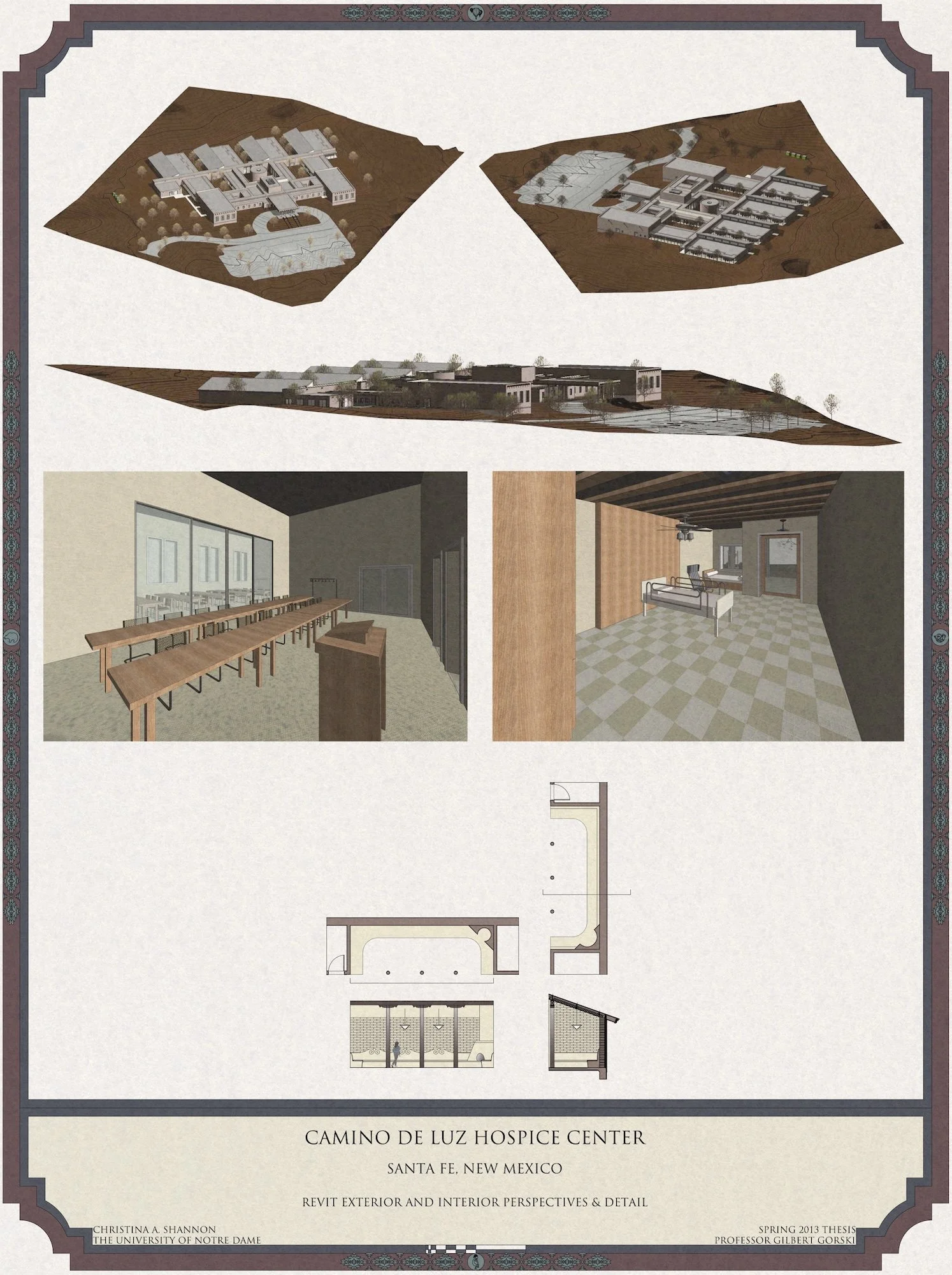 Architectural design plan and perspective views of Camino de Luz Hospice Center in Santa Fe, New Mexico for senior thesis