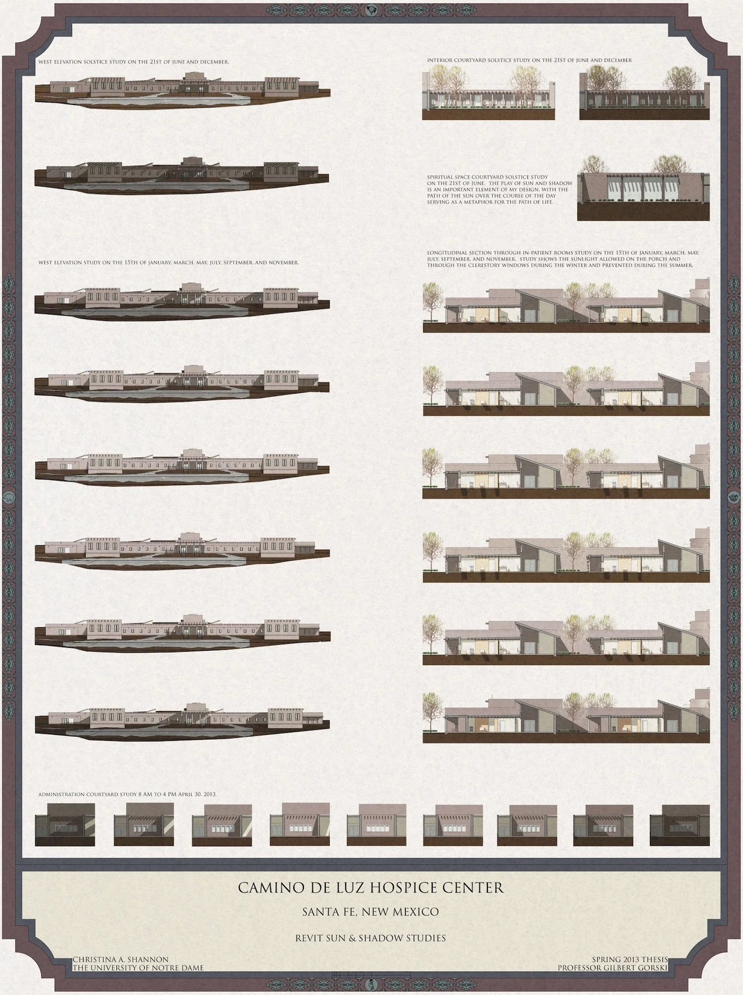 Architectural design board for Camino de Luz Hospice Center in Santa Fe, New Mexico, showing various elevation, section, and interior views of the building for senior thesis