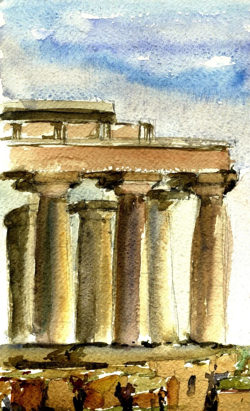 Watercolor of temples in southern Italy from my year abroad in Rome, Italy