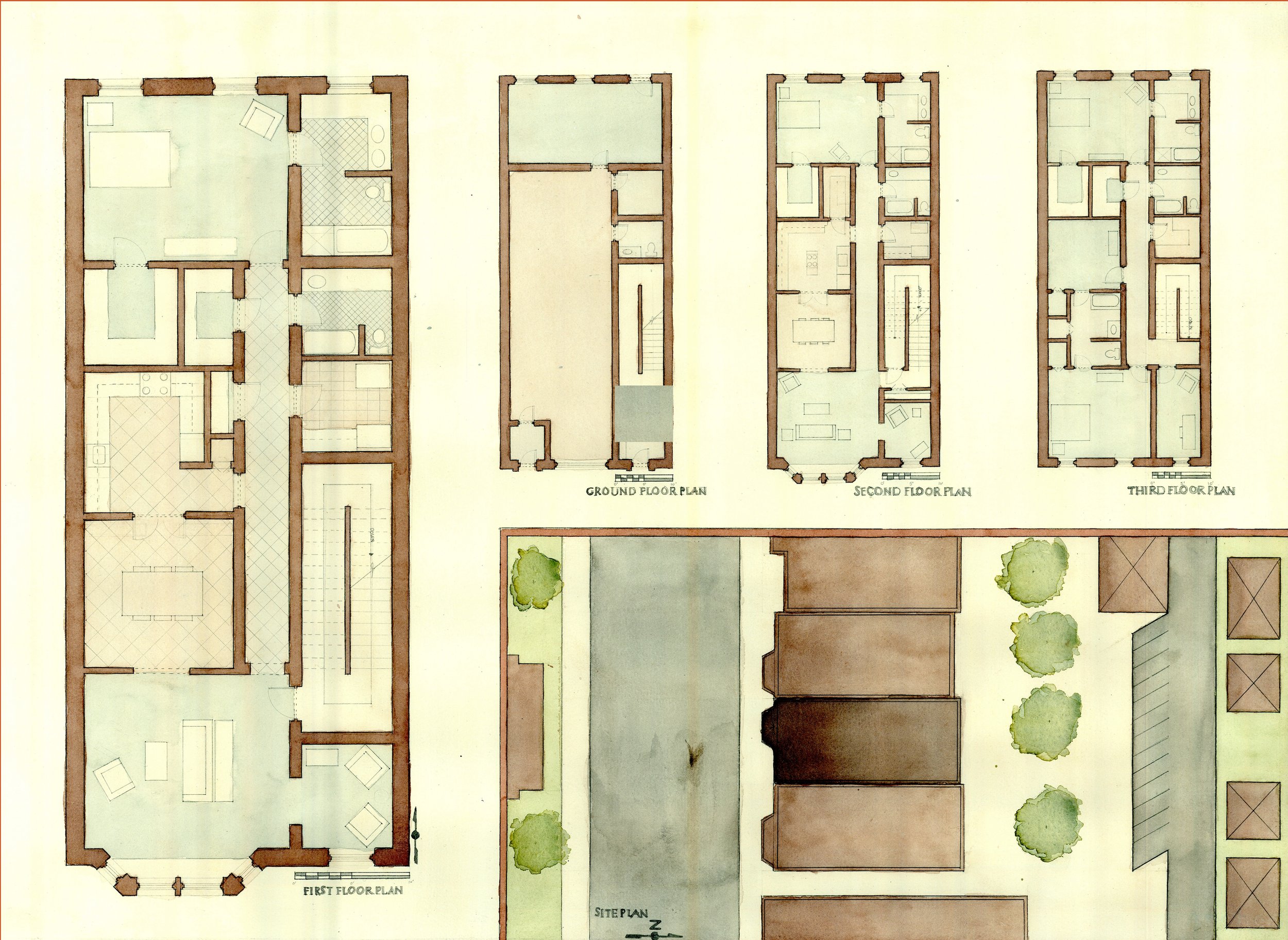 Architectural blueprints of multiple floors of a building, including ground, second, and third floor plans, with detailed room layouts and some outdoor landscaping for a townhouse design in Lincoln Park, Chicago