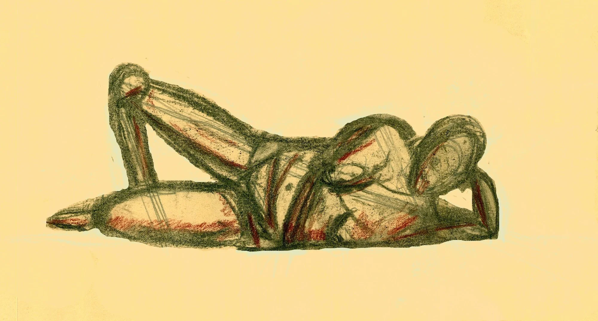 A charcoal sketch of a reclining nude woman.