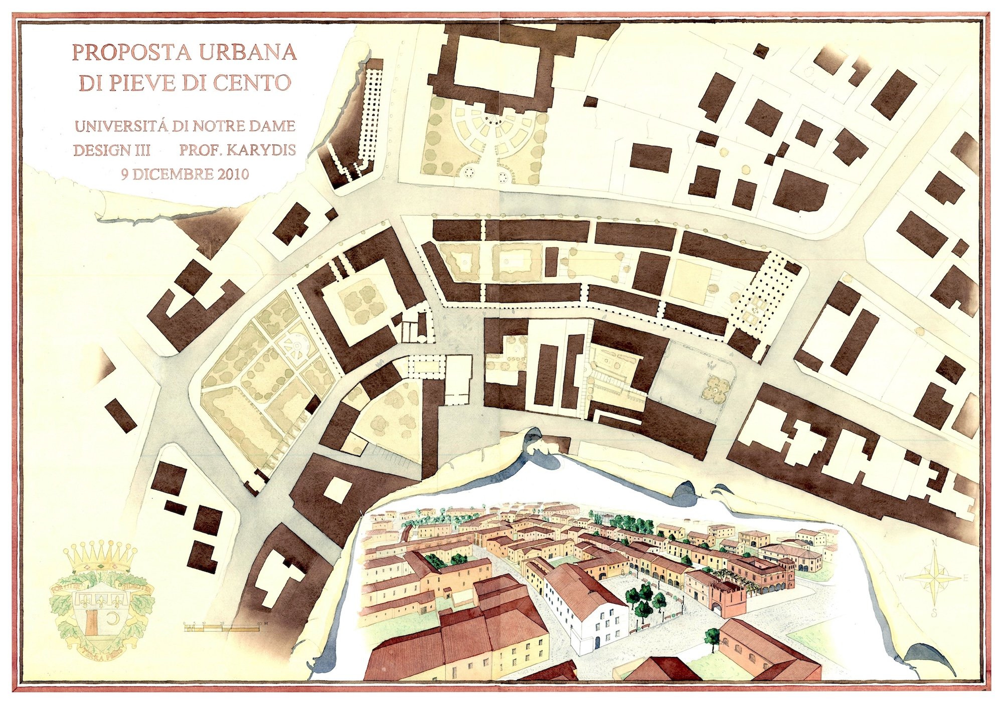 A hand-drafted and watercolored urban plan completed during architecture design studio in Rome while attending Notre Dame.