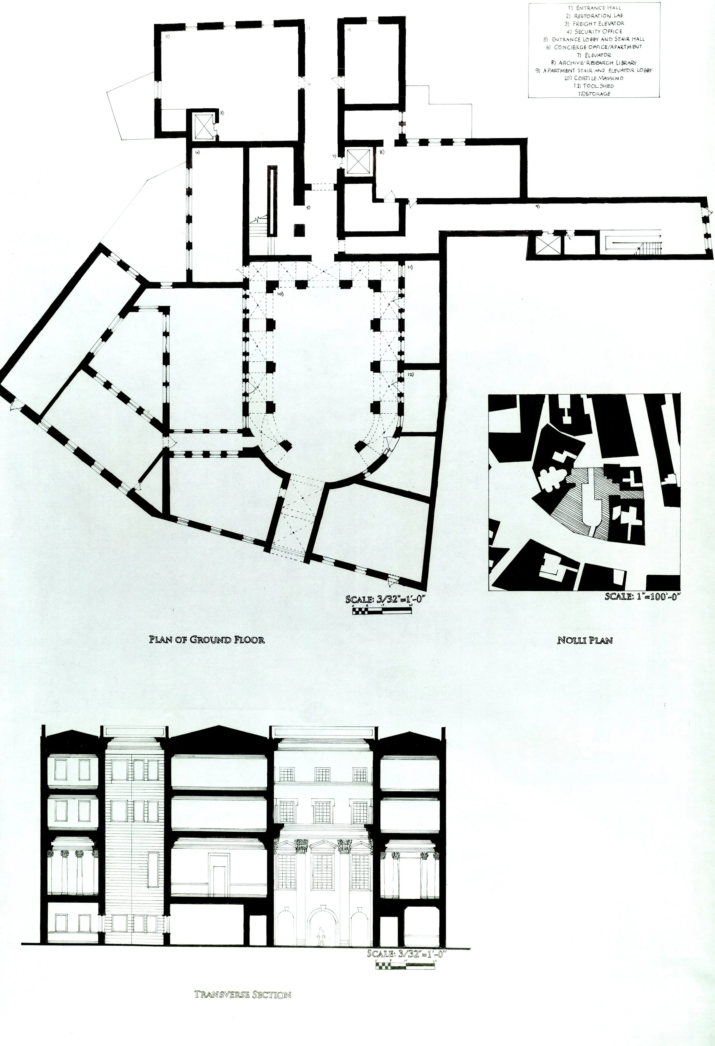 An architectural floor plan and section study of Palazzo Massimo in Rome, Italy.