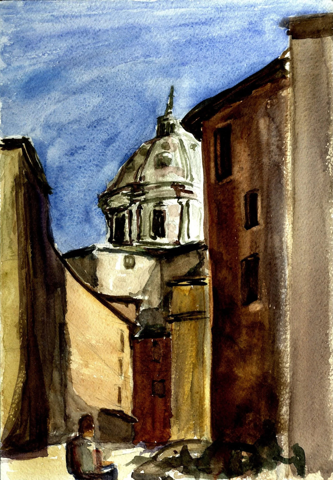 A watercolor painting of a church in Rome, Italy.