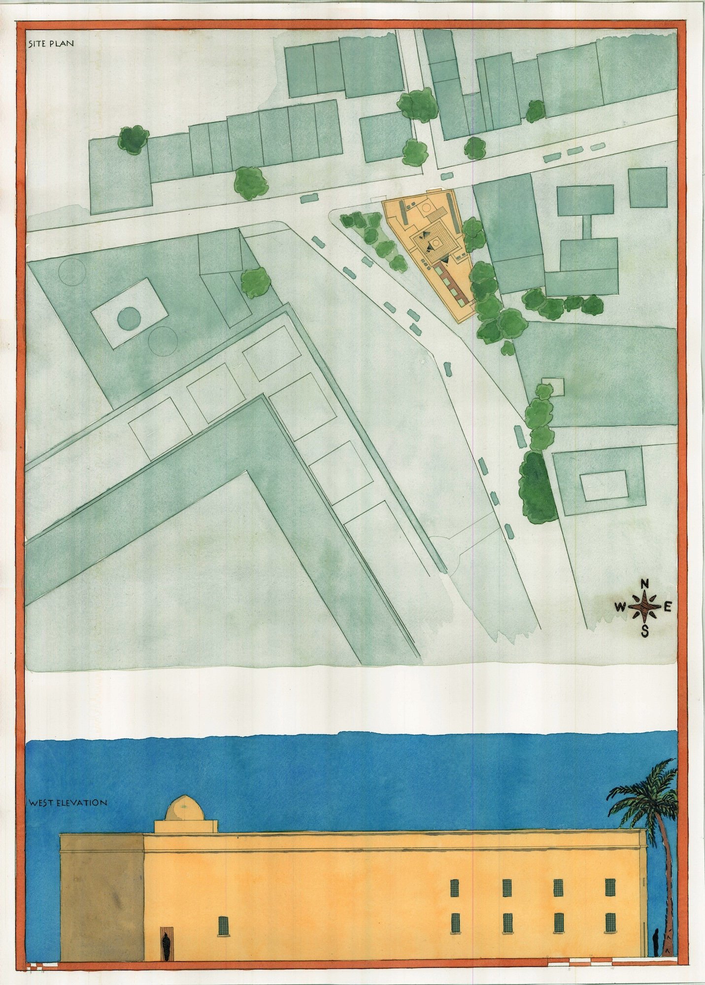 Hand drafted and water color rendered site plan and elevation of a Madrassa for a design studio at Notre Dame