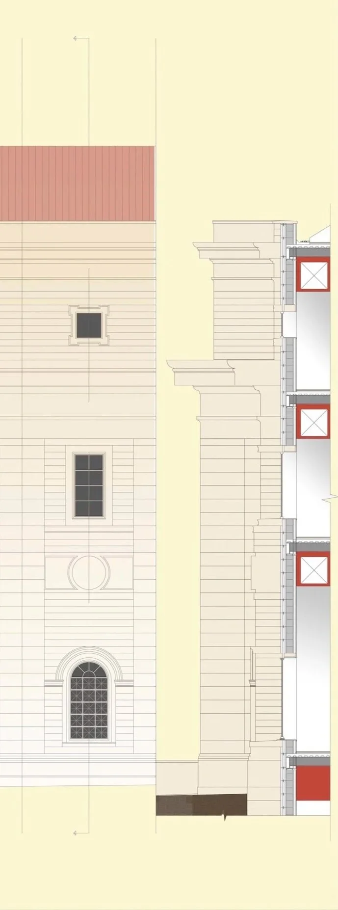 Washington, DC technical section for a proposed museum for design studio at Notre Dame. Drafted using AutoCAD and rendered using Photoshop.
