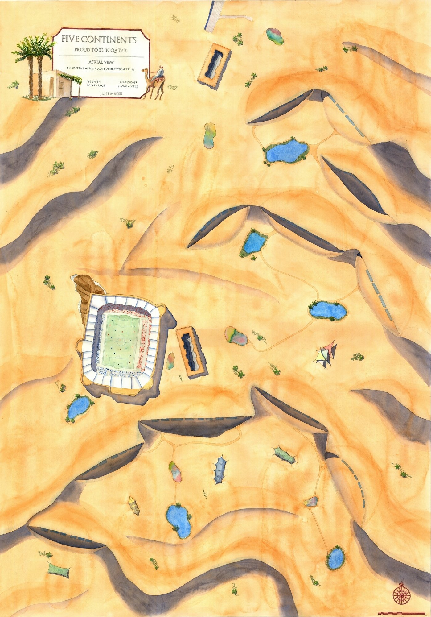 A hand-drafted and water colored rendered site plan for a World Cup design competition completed during my summer internship at ARCAS, Paris.