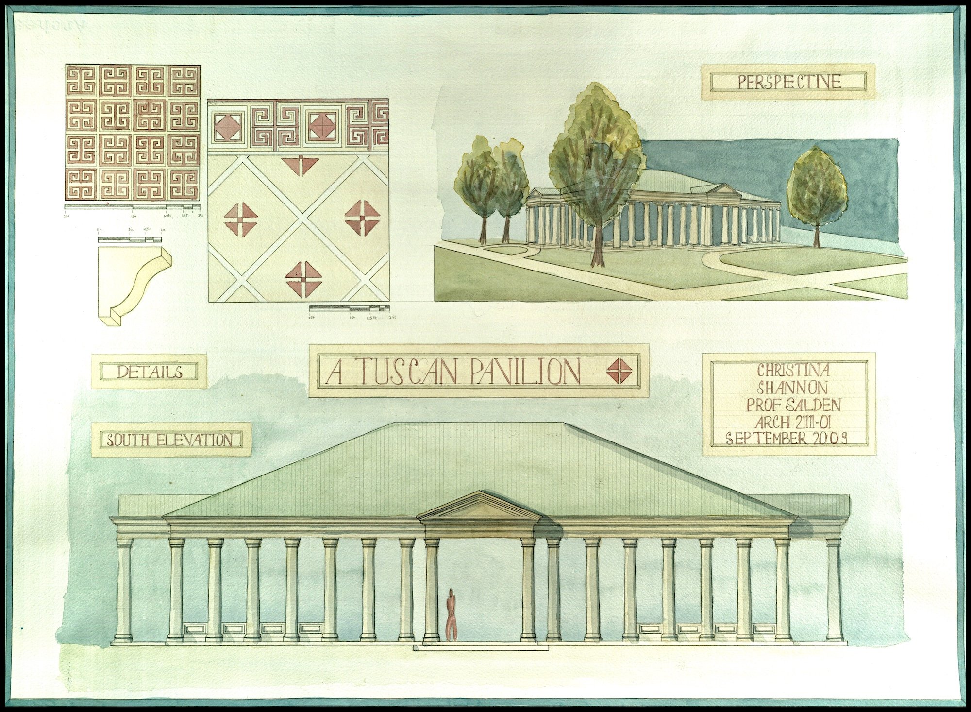 Details, perspective, and elevation for an architecture school design project of a Tuscan Pavilion at Notre Dame