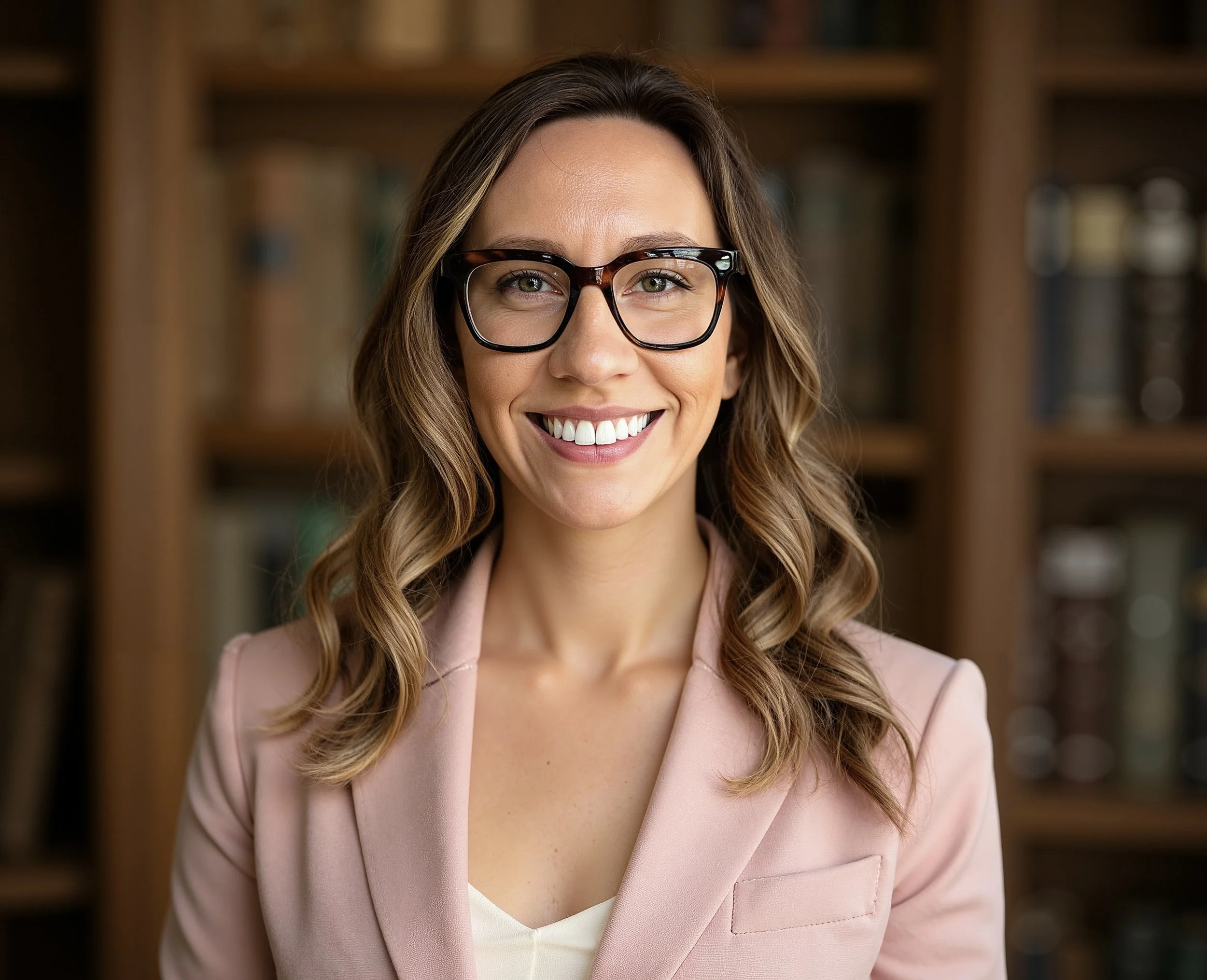 Close-up of a female architect, writer, and MBA with long, wavy blonde hair wearing tortoiseshell glasses, smiling in front of a wooden bookshelf.