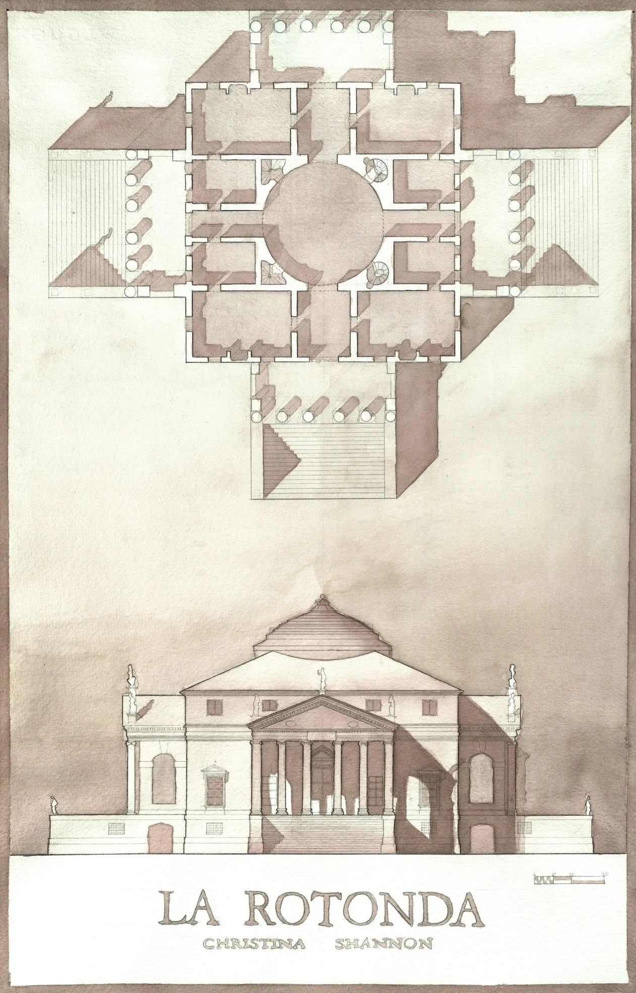 A hand drafted and monochrome watercolored plan and elevation of La Rotonda by Palladio