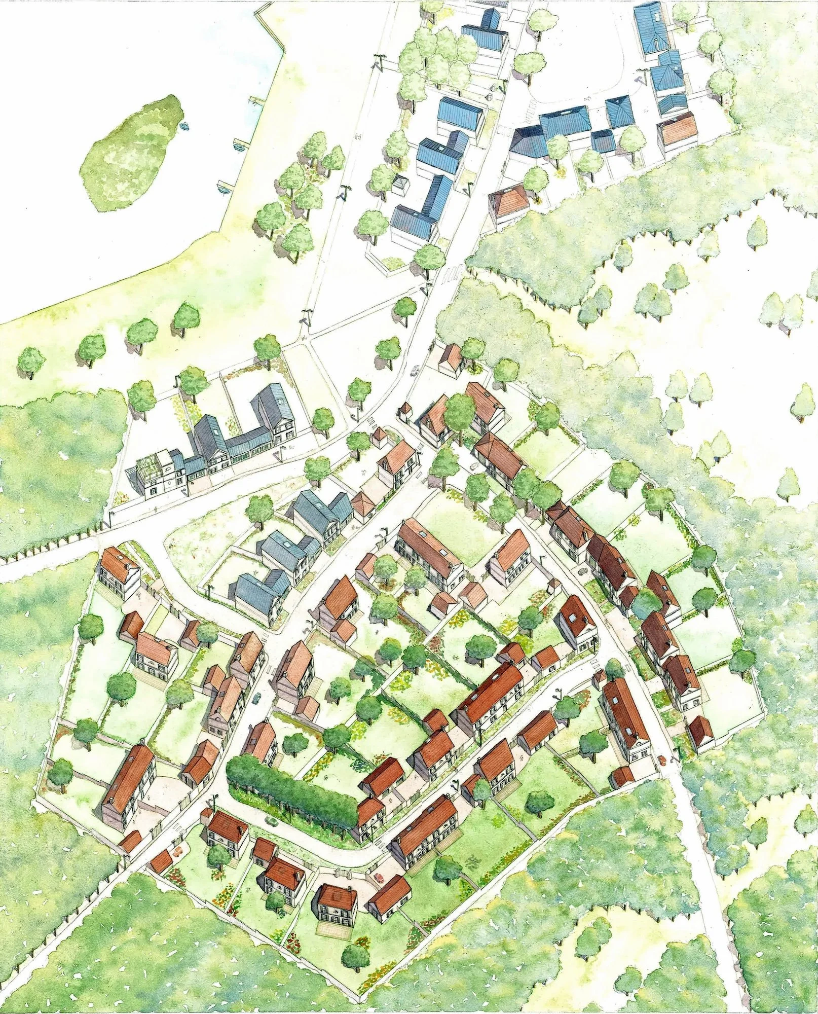 A hand-drafted and water colored rendered axonometric for a town completed during my summer internship at ARCAS, Paris.