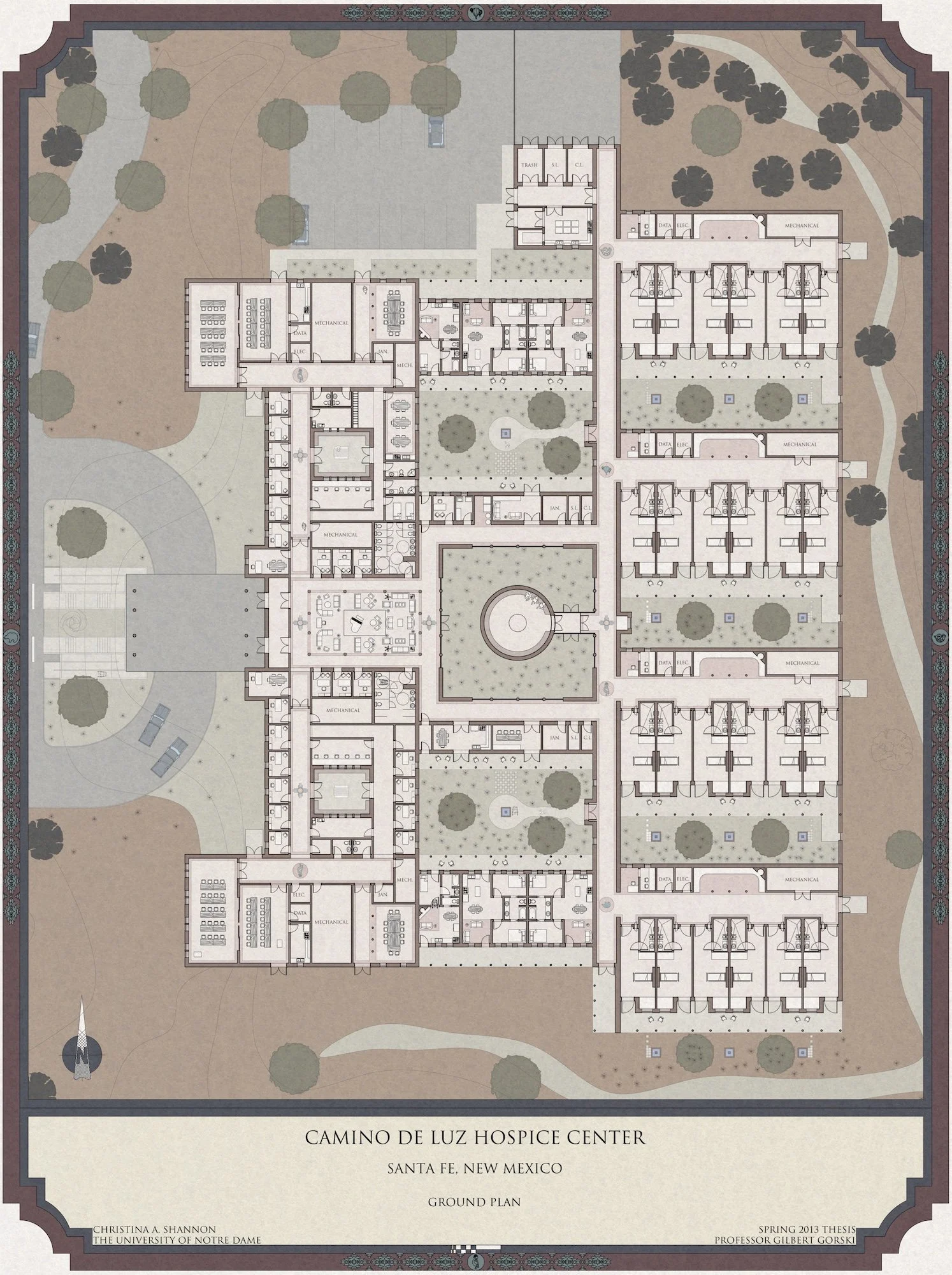 Detailed floor plan of the Camino de Luz Hospice Center for senior thesis located in Santa Fe, New Mexico, showing various rooms and outdoor landscaping.