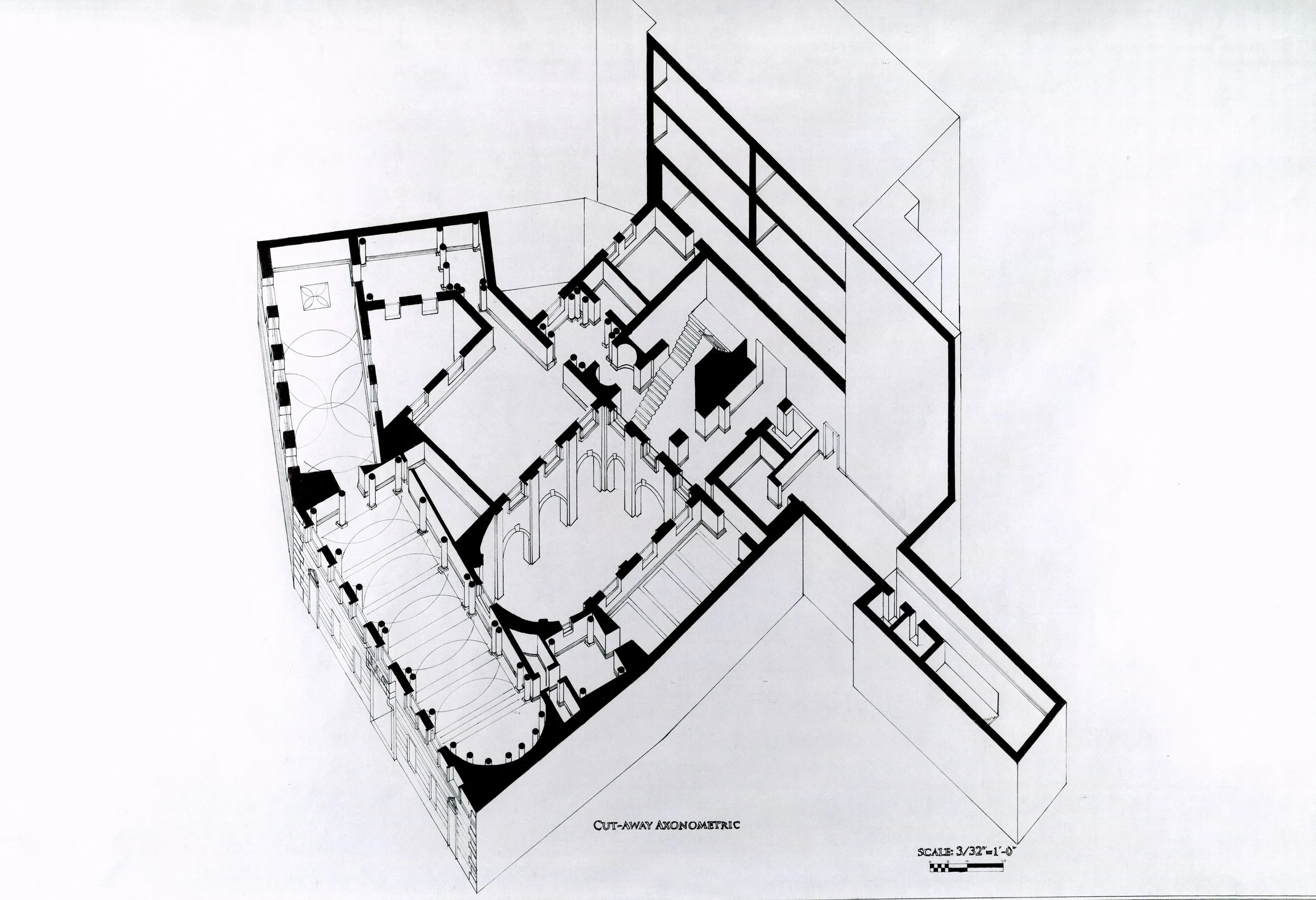 An architectural cutaway axonometric study of Palazzo Massimo in Rome, Italy.