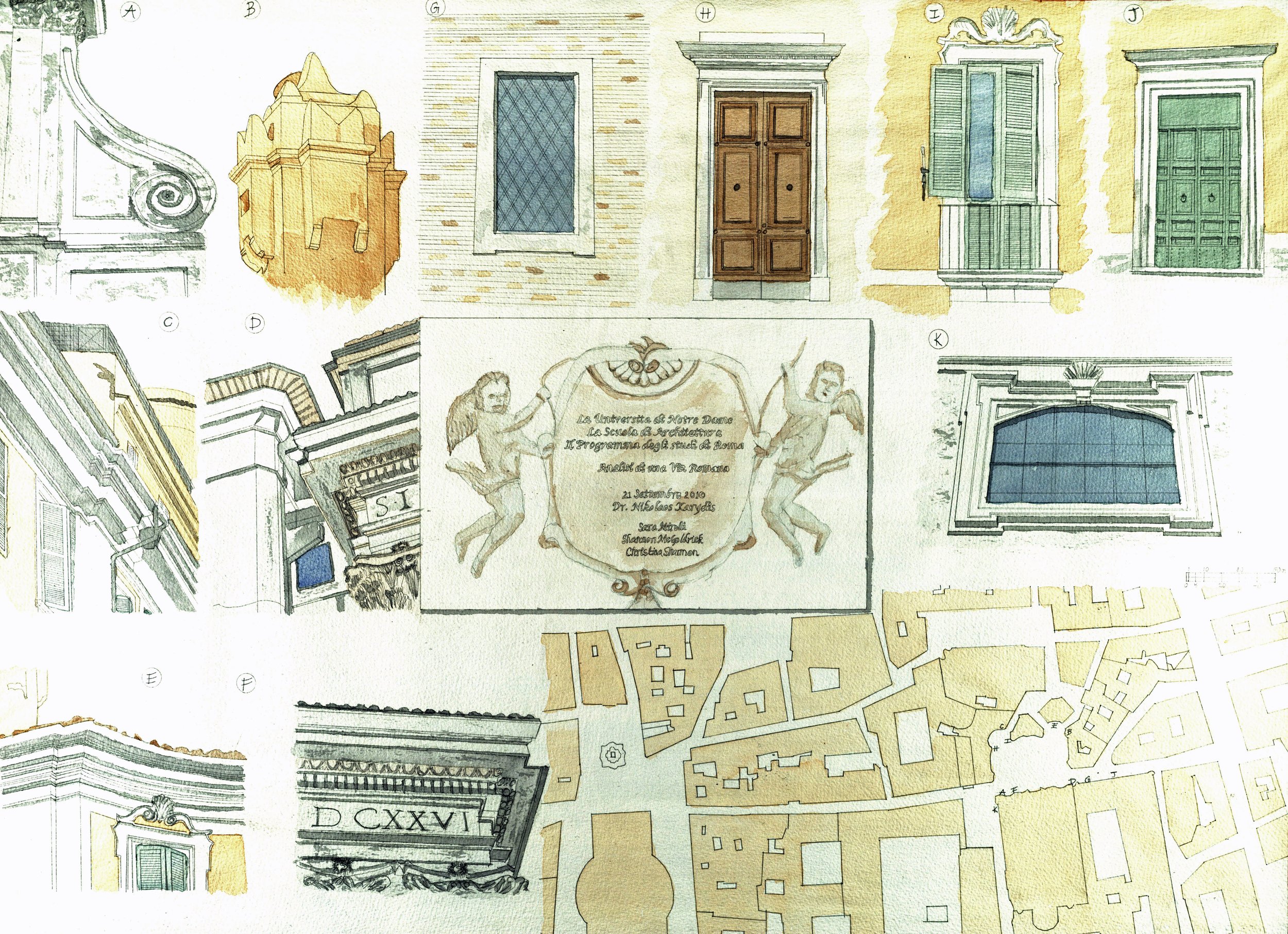 Architectural sketches of buildings, windows, doors, and decorative elements rendered in watercolor during my year in Rome studying architecture at Notre Dame