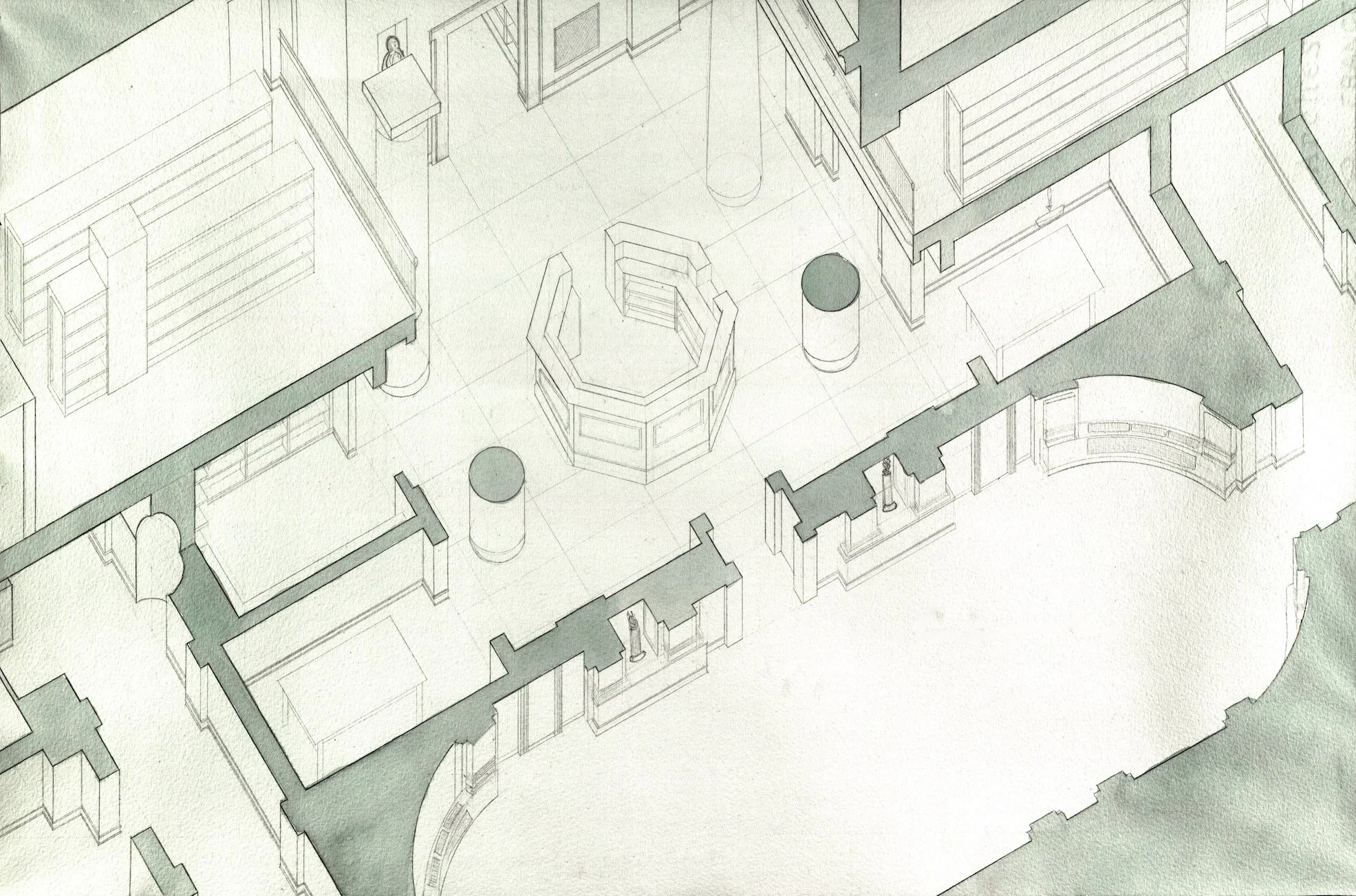A cutaway interior axonometric drawing of Bond Hall at The University of Notre Dame