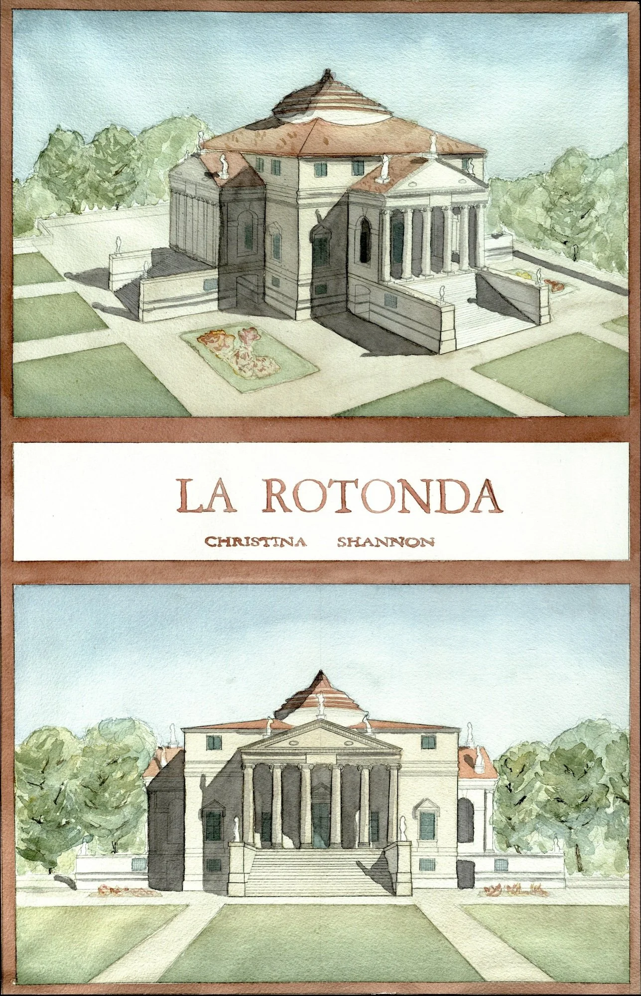 One-point and two-point perspectives hand drafted and watercolor rendered of La Rotonda by Palladio