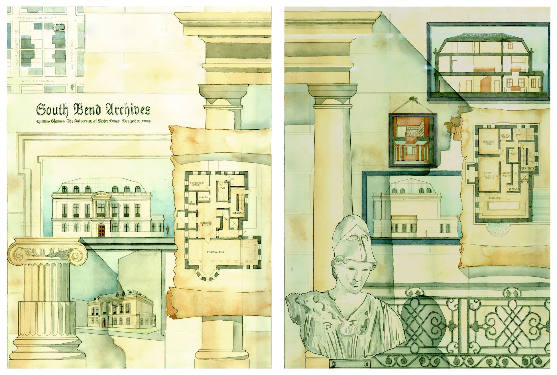 An architectural analytique completed as an architecture school design project of the South Bend Archives building and its interior, including floor plans, columns, and decorative statues.