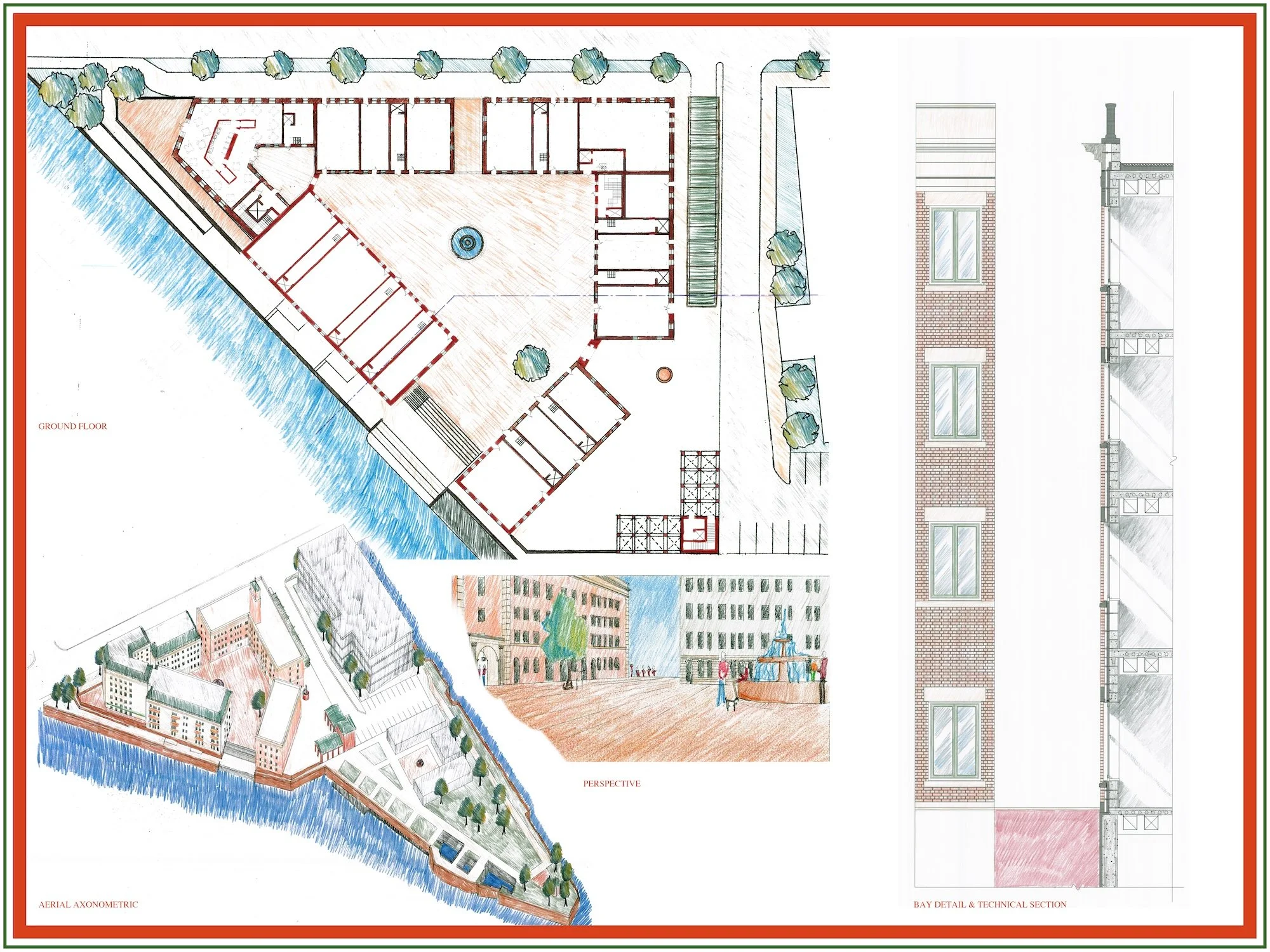AutoCAD drafted and color pencil rendering of The Wharf urban housing development along Colfax Avenue at the St. Joseph River in South Bend, Indiana for a studio design project at Notre Dame.