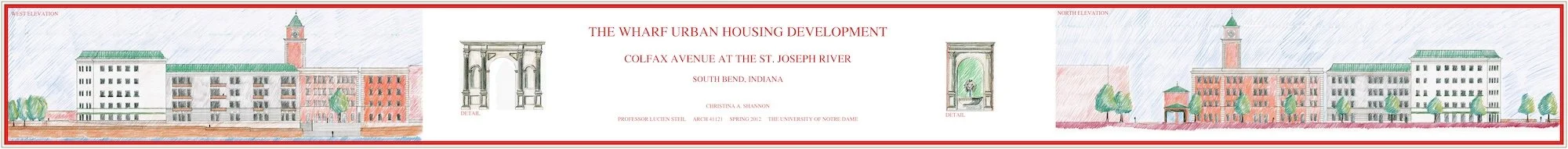 AutoCAD drafted and color pencil rendering of The Wharf urban housing development along Colfax Avenue at the St. Joseph River in South Bend, Indiana for a studio design project at Notre Dame.