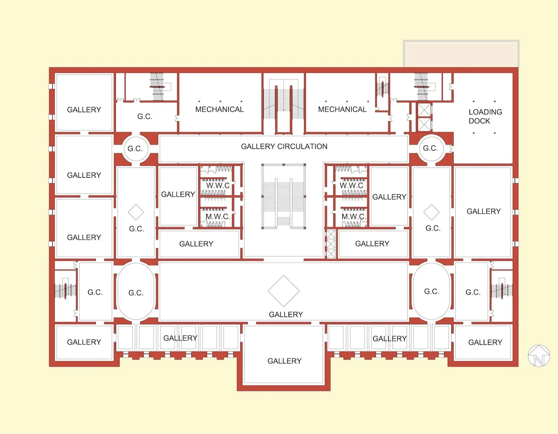 Washington, DC plan for a proposed museum for design studio at Notre Dame. Drafted using AutoCAD and rendered using Photoshop.
